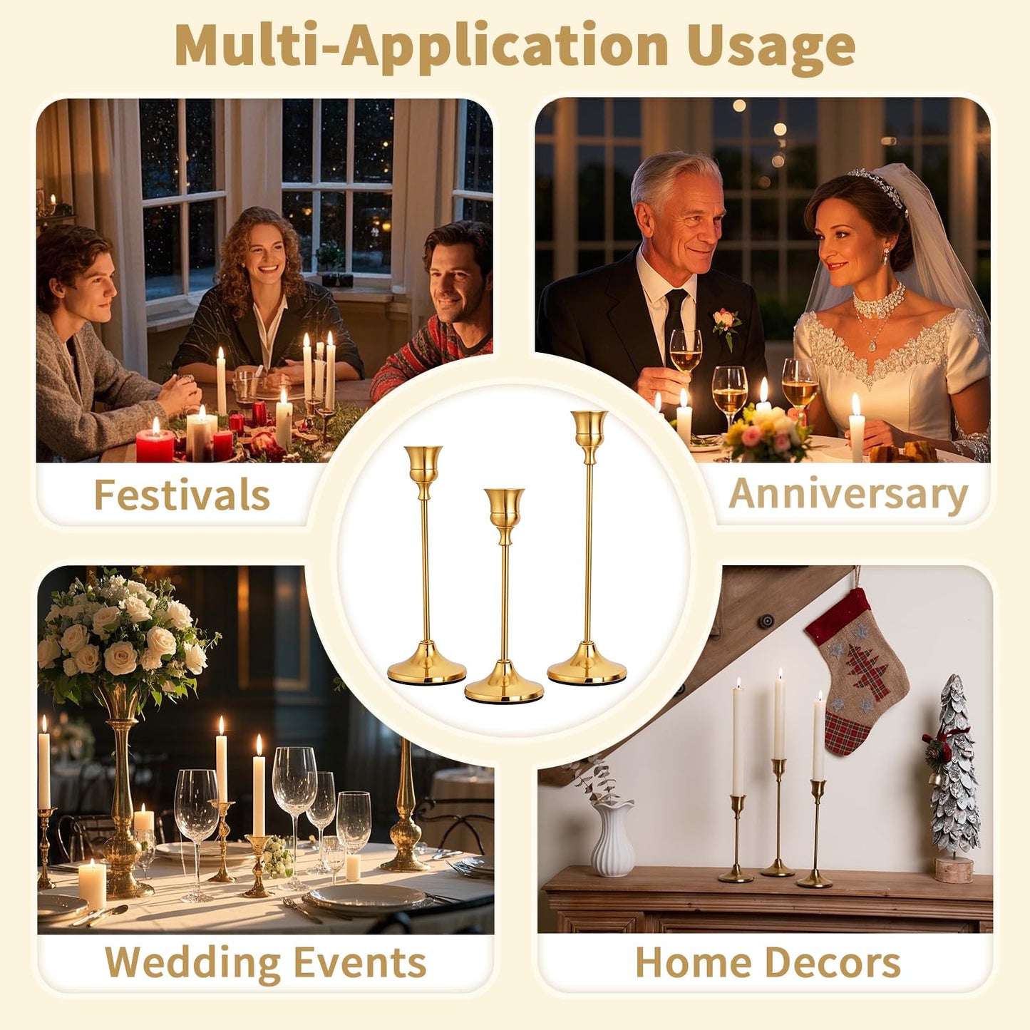 CHILL RECIPE Candlestick Holders Gold Taper Candle Holders, 3 PCS Candle Sticks Holders for Home Decor Table Centerpiece Wedding Housewarming Festival