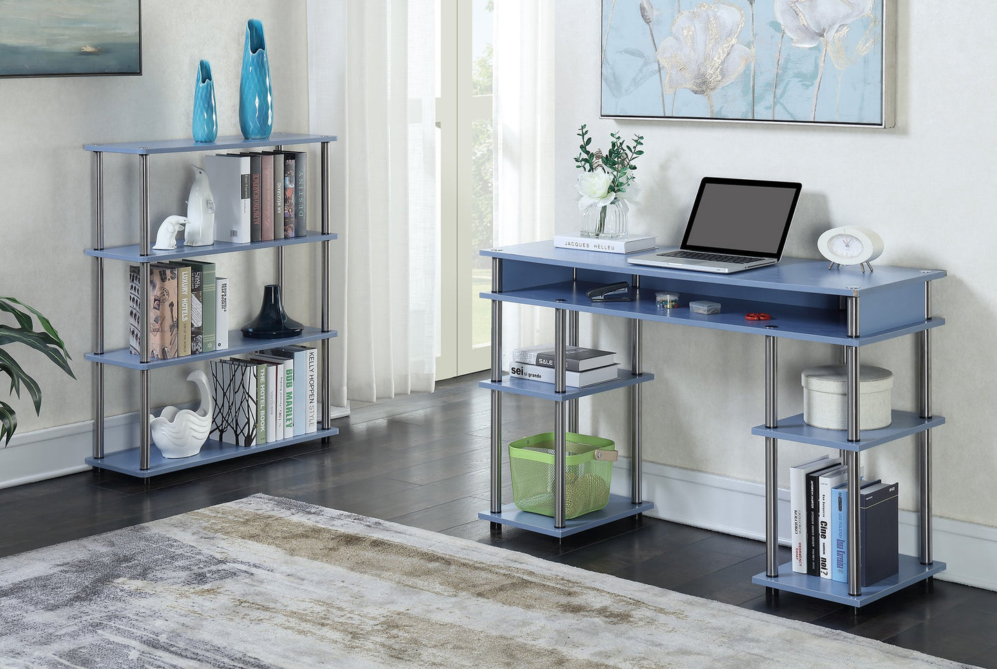 Convenience Concepts Designs2Go No Tools Desk Home Office Desk with Shelves, Corner Shelf Vanity Desk Computer Desk Nail Table for Nail Tech - 47.25" L x 15.75" W x 30" H, Blue