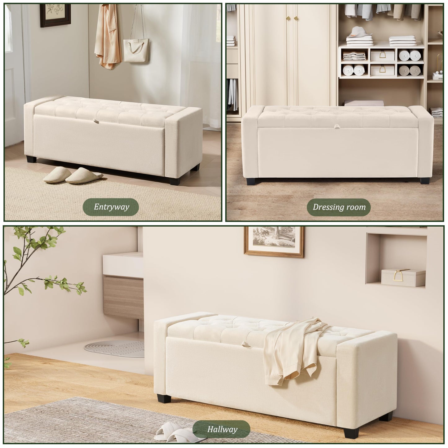 Royal Windsor Ottoman with Storage,Tufted Storage Bench with Safety Hinge,Holds up to 350 lb,Upholstered Bench with Seating for Bedroom, Living Room,Entryway,Linen Beige