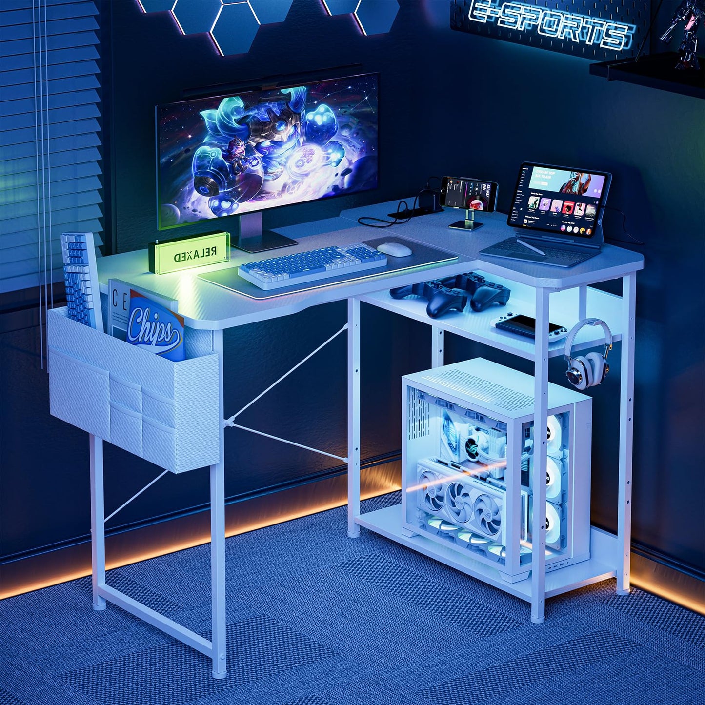 Acrolix L Shaped Gaming Desk 48 Inch - Computer Corner Desk with Power Outlets, Reversible Shelves & Storage Bag for Home Office, PC Gaming Table, White Carbon