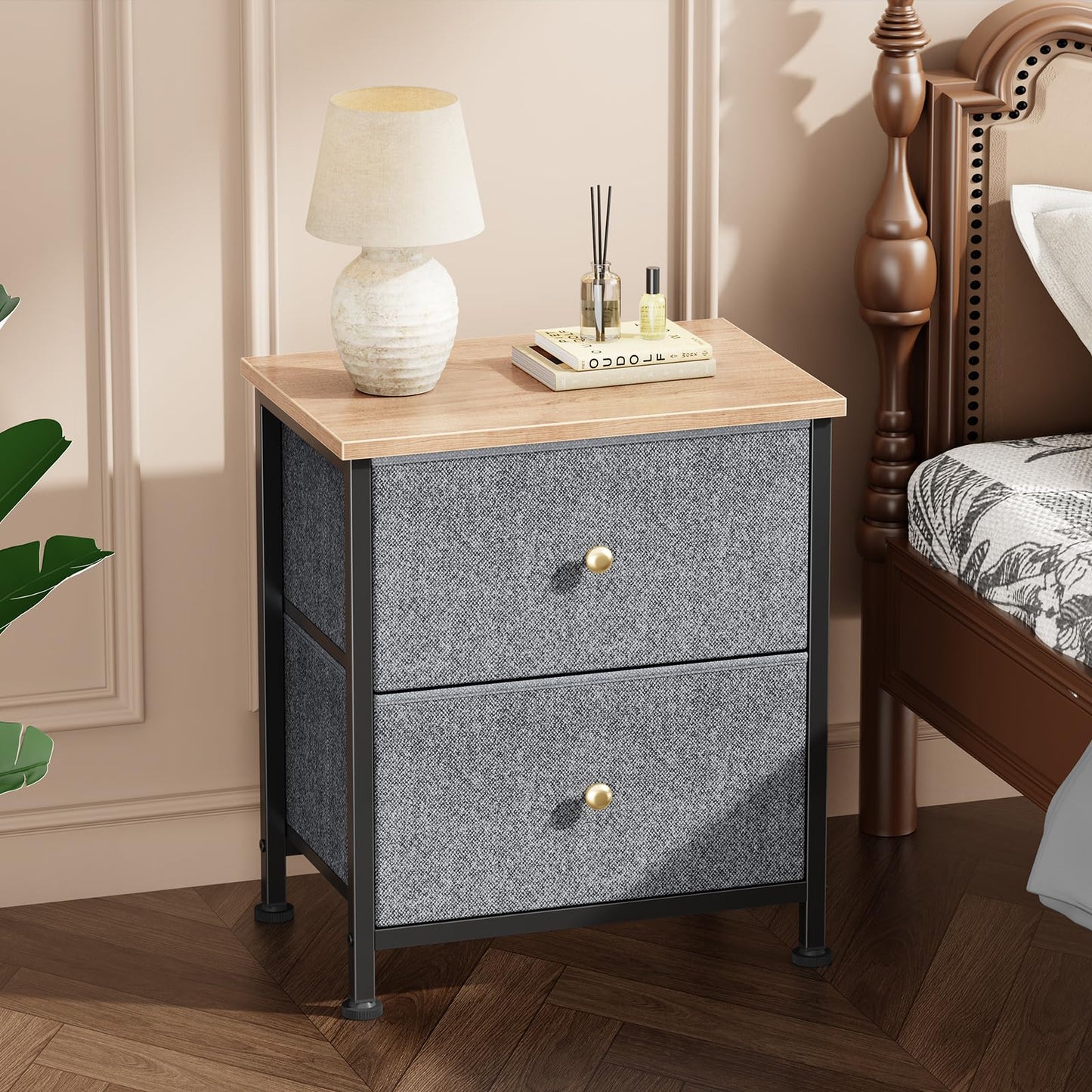 DUMOS Nightstand, Bedside Table for Bedroom, Small Dresser, 2 Fabric Drawer