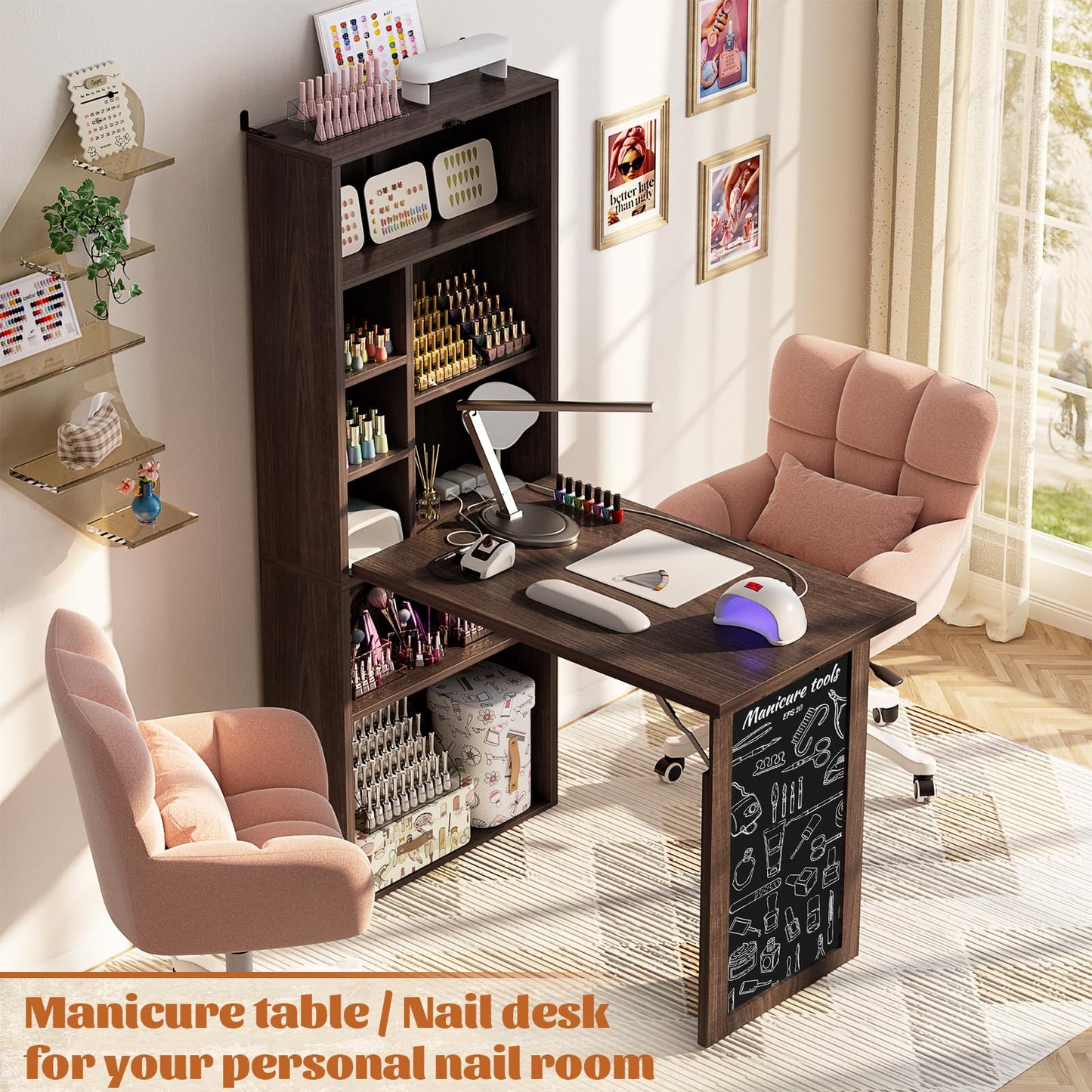Armocity Small Folding Desk with Outlets, Convertible Writing Desk for Small Spaces/Home Office/Craft Room, Multi-Function Desk Workstation with Blackboard, Fold-Out Cabinet Table, Black Walnut
