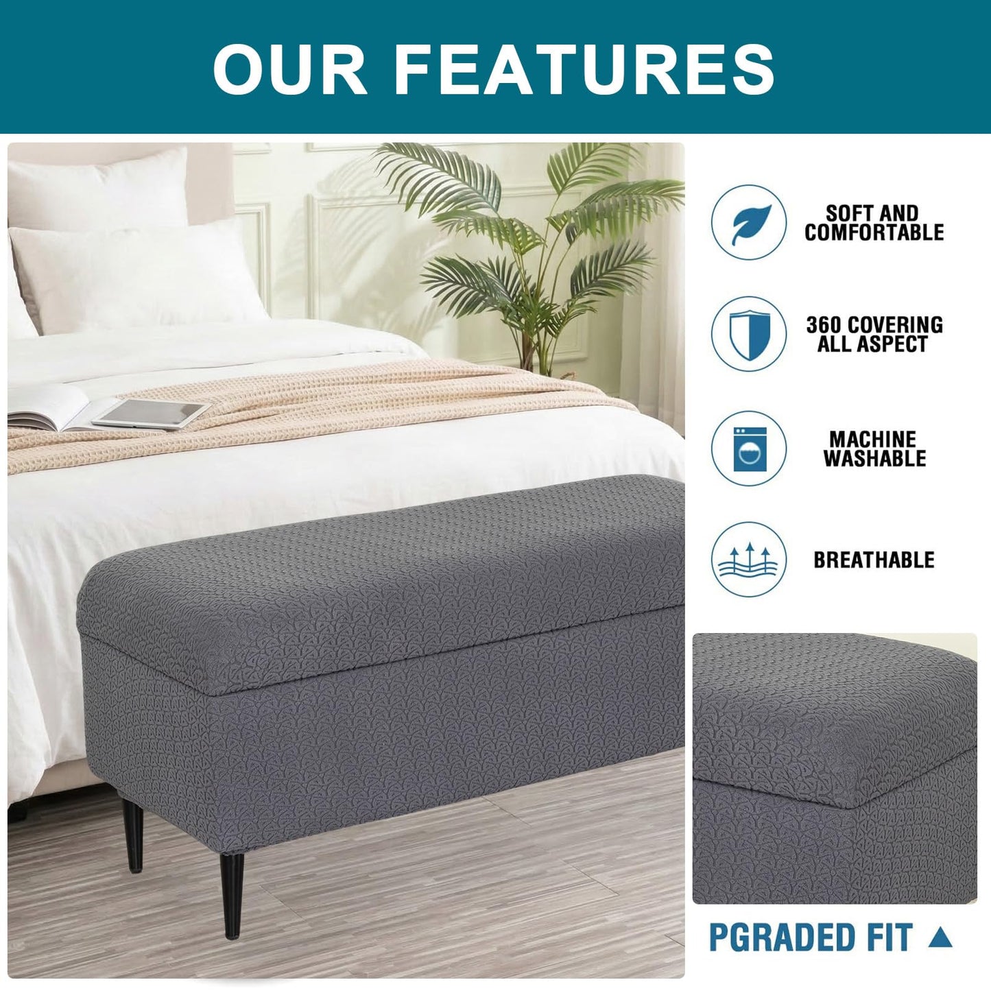 KRFOONN Rectangle Ottoman Covers Stretch Folding Storage Ottoman Bench Cover Jacquard Storage Ottoman Folding Footrest Stool Slipcover Furniture Protector for Living Room Bedroom Bench (Large, 39)