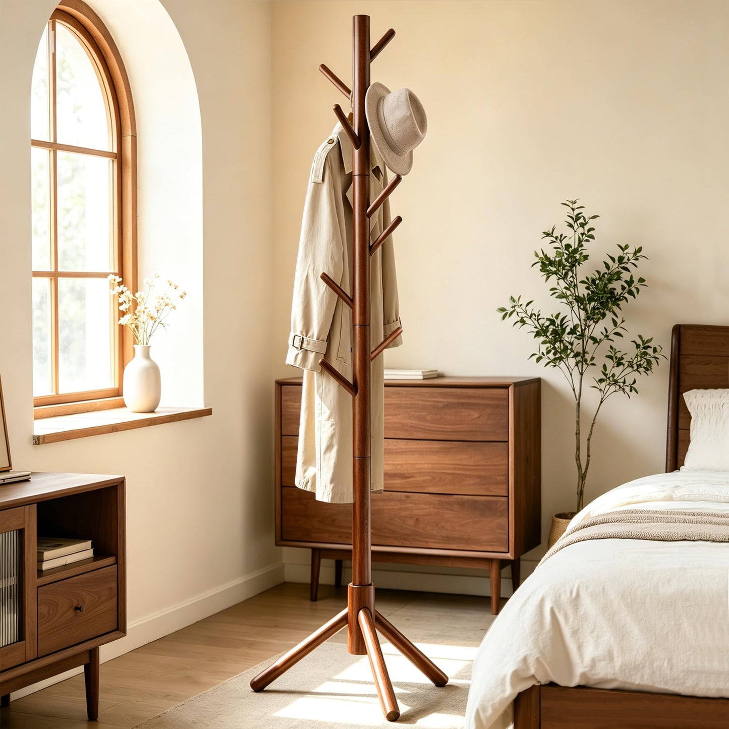 Freyawin Wooden Coat Rack Freestanding with 8 Hooks & 3 Adjustable Sizes for Clothes, Space-Saving Design for Bedroom Office Entrance Holds Hats Coats Scarves Bags