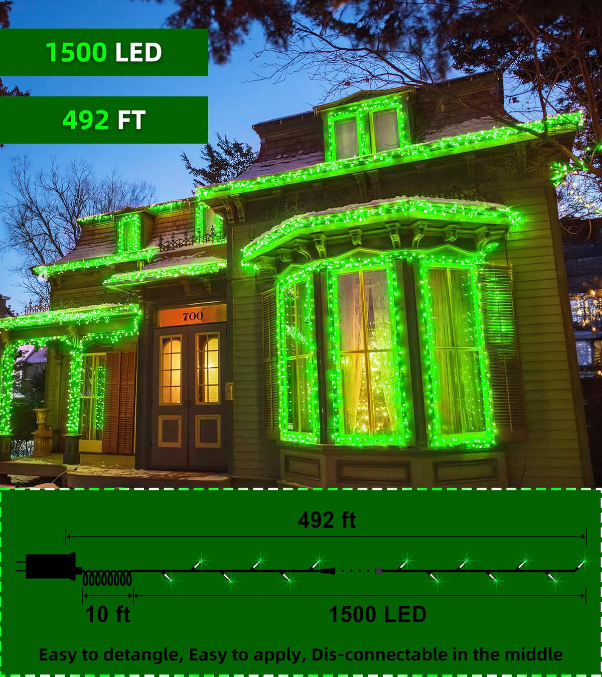 QUHUATU 1500 LED Chrstmas String Lights, 492FT Super Long Christmas Lights with 8 Modes, Christmas Tree Lights with Timer Memory for Indoor Outdoor Tree Fence Garden Xmas Wedding Party Decor Green
