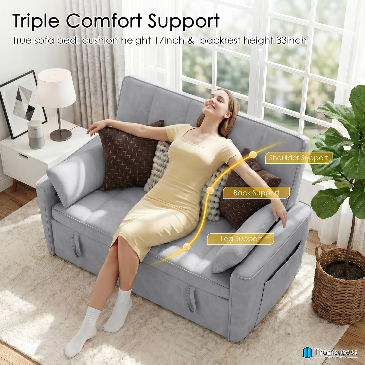 tiramisubest 54'' Sleeper Sofa Bed, Convertible Pull Out Couch Futon for for Living Room,Apartment (Ashgrey, Loveseat) Side Pockets, Velvet Fabric, Adjustable Backrest, Pull-Out Bed, Easy Assembly