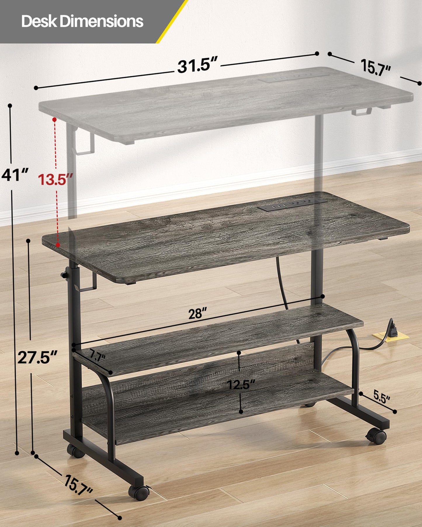 Armocity Rolling Standing Desk with Charging Station, Portable Height Adjustable Mobile Computer Desk with Wheels & 2-Tier Shelves & Hooks, Easy Assembly Laptop Table for Couch Bed, 32" Grey Oak