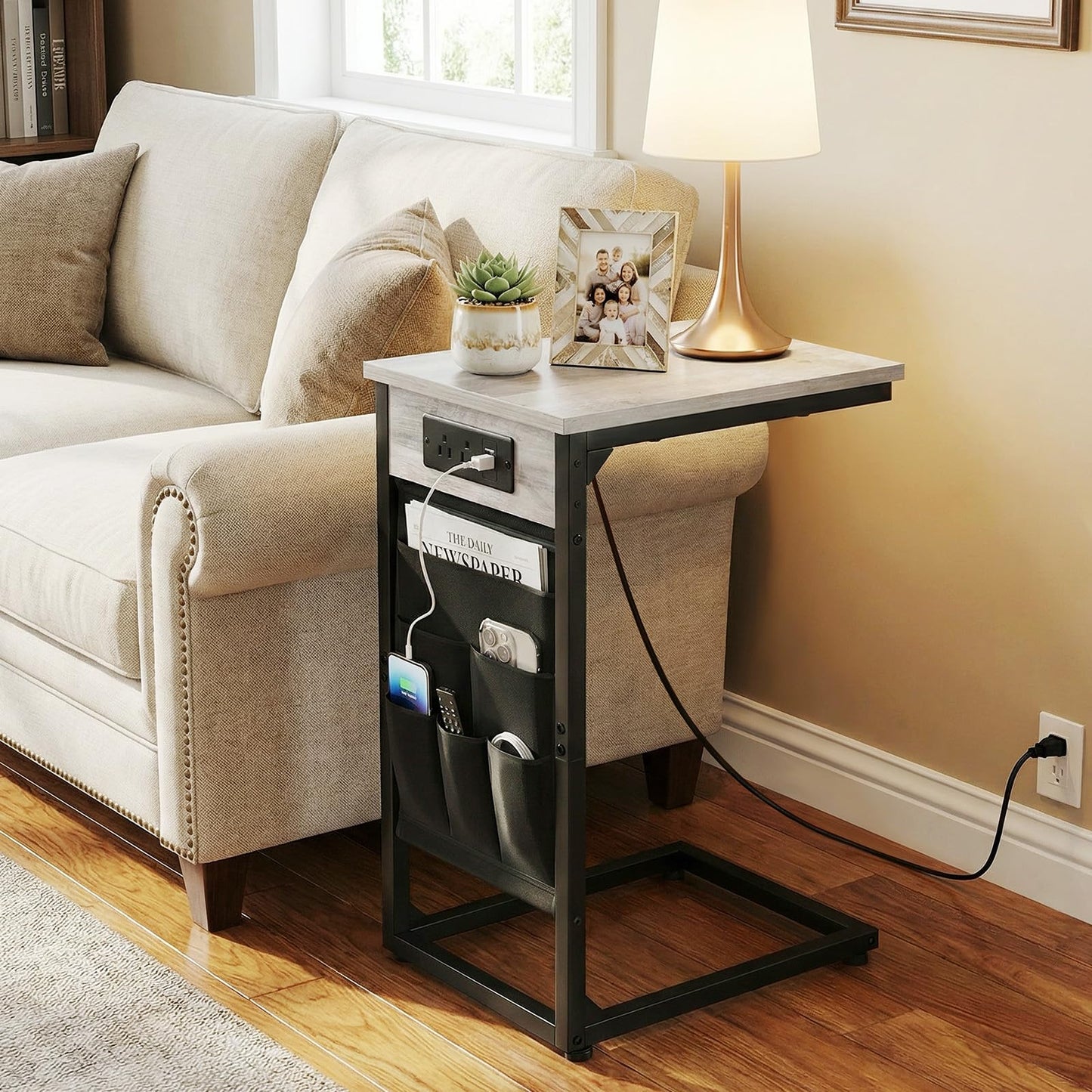 AMHANCIBLE C Shaped End Table with Charging Station, Couch Side Tables that Slide Under Sofa with Storage Bag, Slim TV Tray with USB Ports and Power Outlets for Living Room, Bedroom, Grey HET04CGY