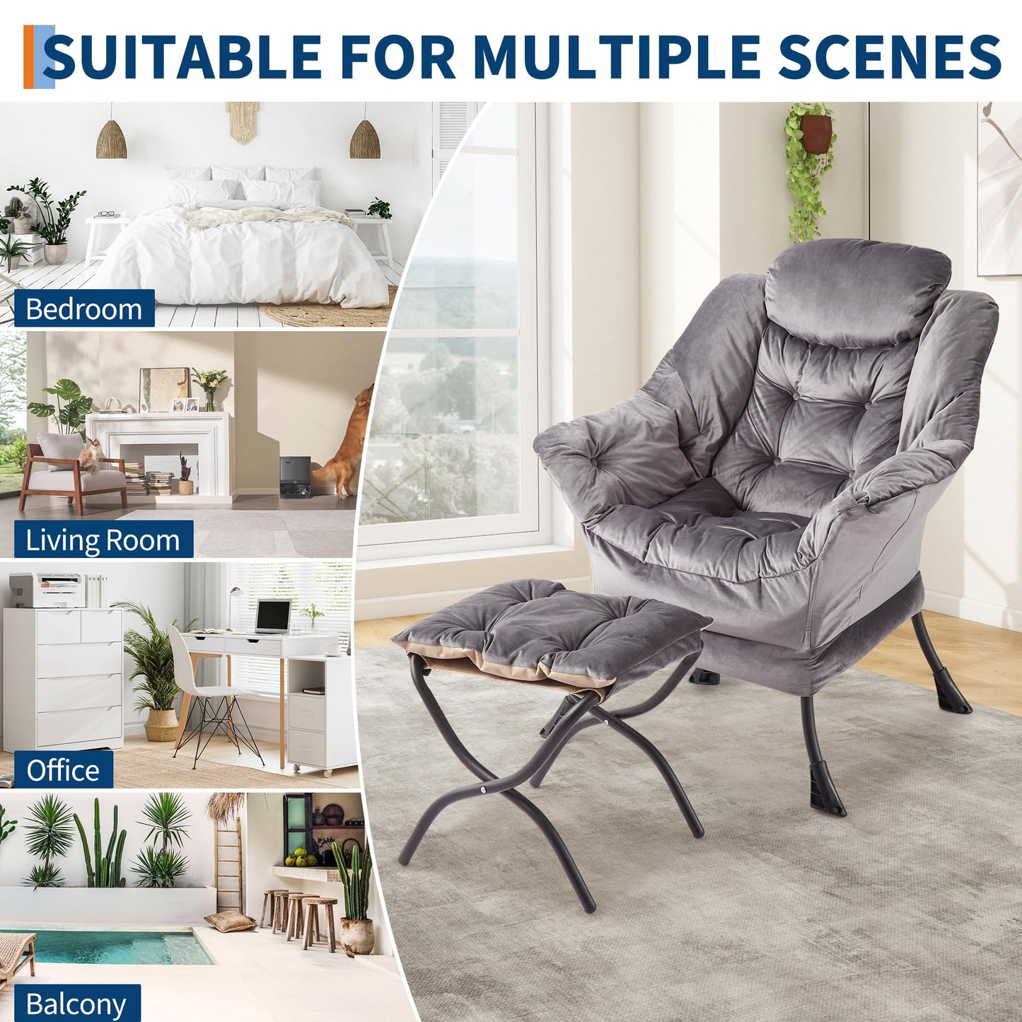 GarveeHome Lazy Chair with Ottoman, Modern Lounge Accent Chair, Leisure Sofa Armchair with Footrest, Reading Armchair with Side Pocket for Living Room, Bedroom, Dorm & Office (Dark Grey, 1PCS)