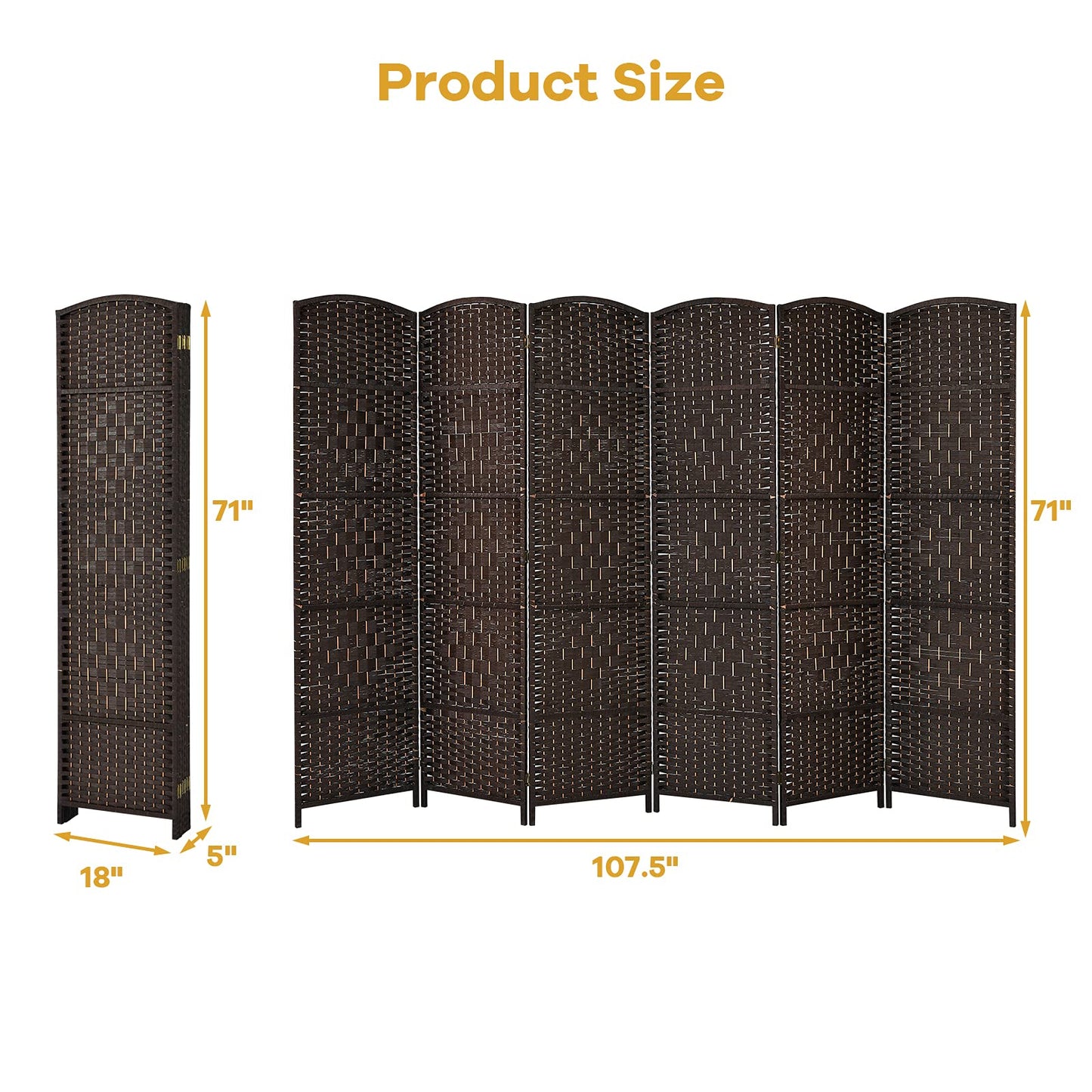 Giantex 6 Panel 6 Ft Tall Room Divider, Freestanding Wood Partition Room Divider Panel with Hand-Made Woven Paper Fiber, Room Dividers and Folding Privacy Screens for Bedroom, Small Space, Brown