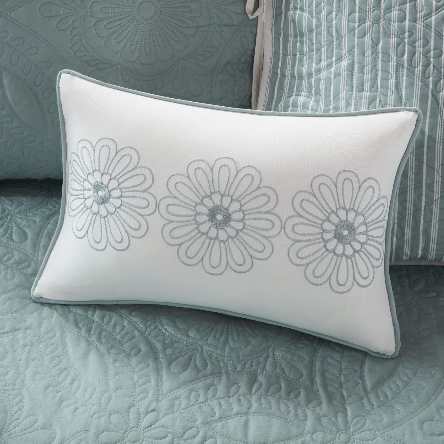 Madison Park Daybed Cover Set - Trendy Design, All Season Luxury Bedding with Bedskirt, Matching Shams, Decorative Pillow, Floral Medallion Quilted Blue 75"x39" 6 Piece