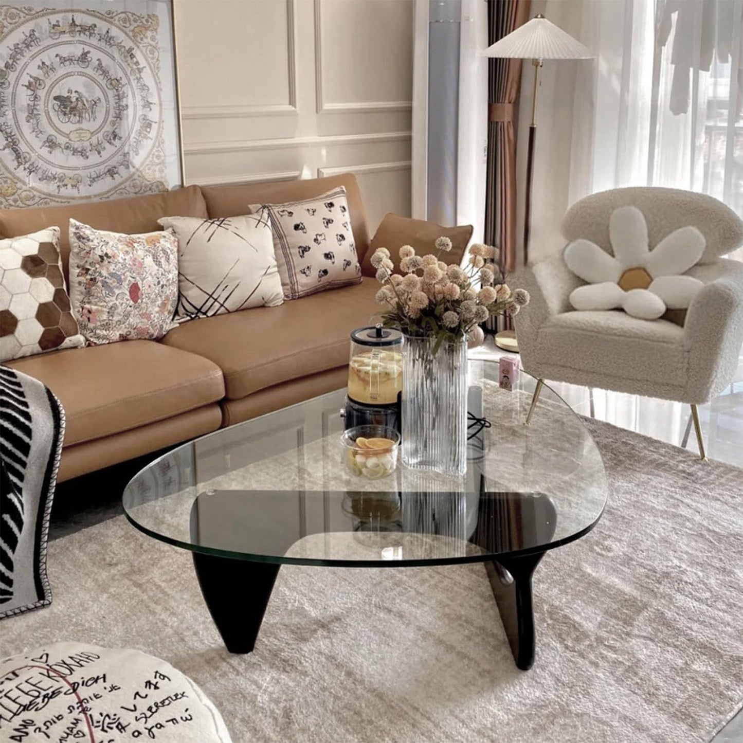 Black Modern Glass Coffee Table, Unique Triangle Coffee Table for Living Room, Tempered Glass Top + Wooden Base, Abstract Contemporary Center Tables for Home Office Bedroom