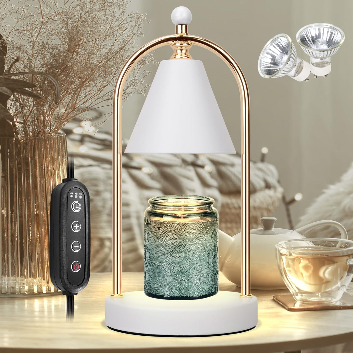 Soilsiu Candle Warmer Lamp With Timer, Electric White Light for Bedroom, Dimmable Wax Melts Warmer for Jars, Beside Lamp Gifts for Women Home Decor (2 Bulbs Included)