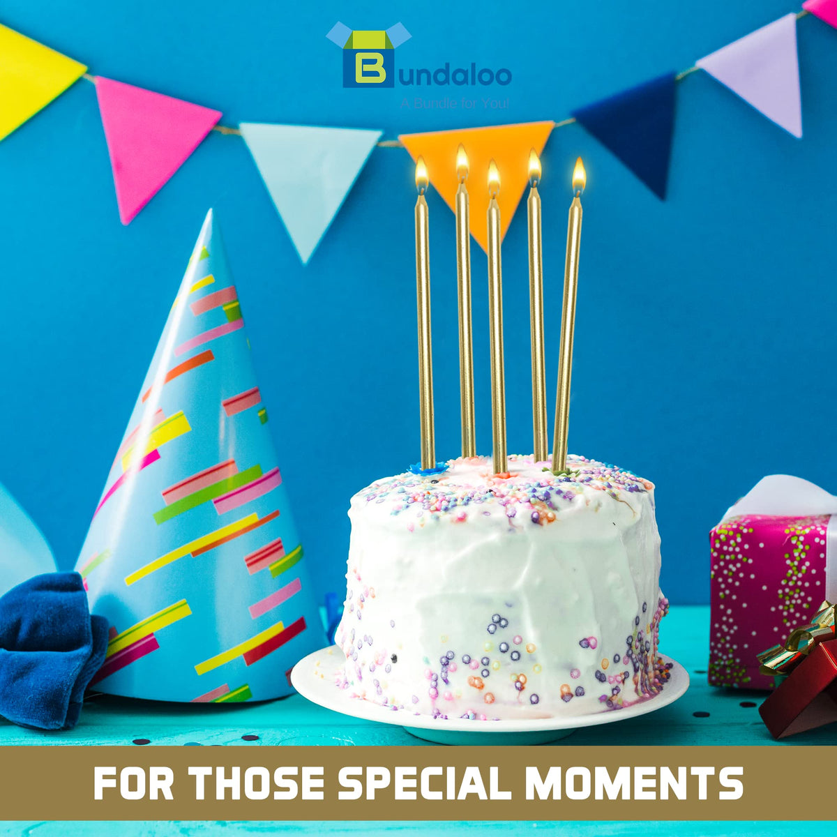 Bundaloo Gold Birthday Candles for Cake - Set of 48 with Plastic Holders - 5.5" Long, 0.20" Thickness