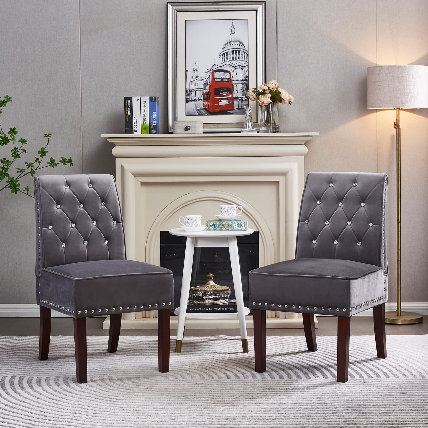 Velvet Dining Chairs, DRM'SCUUM Modern Accent Chair for Living Room, Grey Velvet with Crystal Buttons,Rubber Wood Legs Luxury Tufted Dining Chair for Living Room, Bedroom, Kitchen