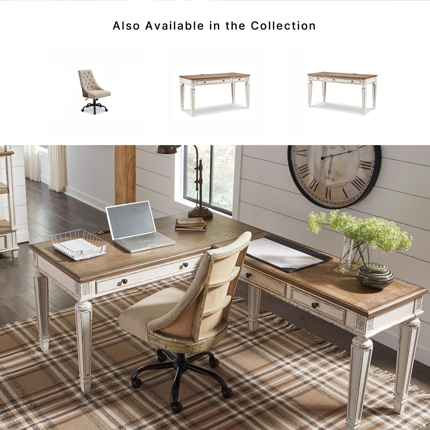 Signature Design by Ashley Realyn French Country 2-Piece Home Office Desk with Return, Built-in USB Port, Keyboard Tray and Drawer, Medium Brown & Antiqued White