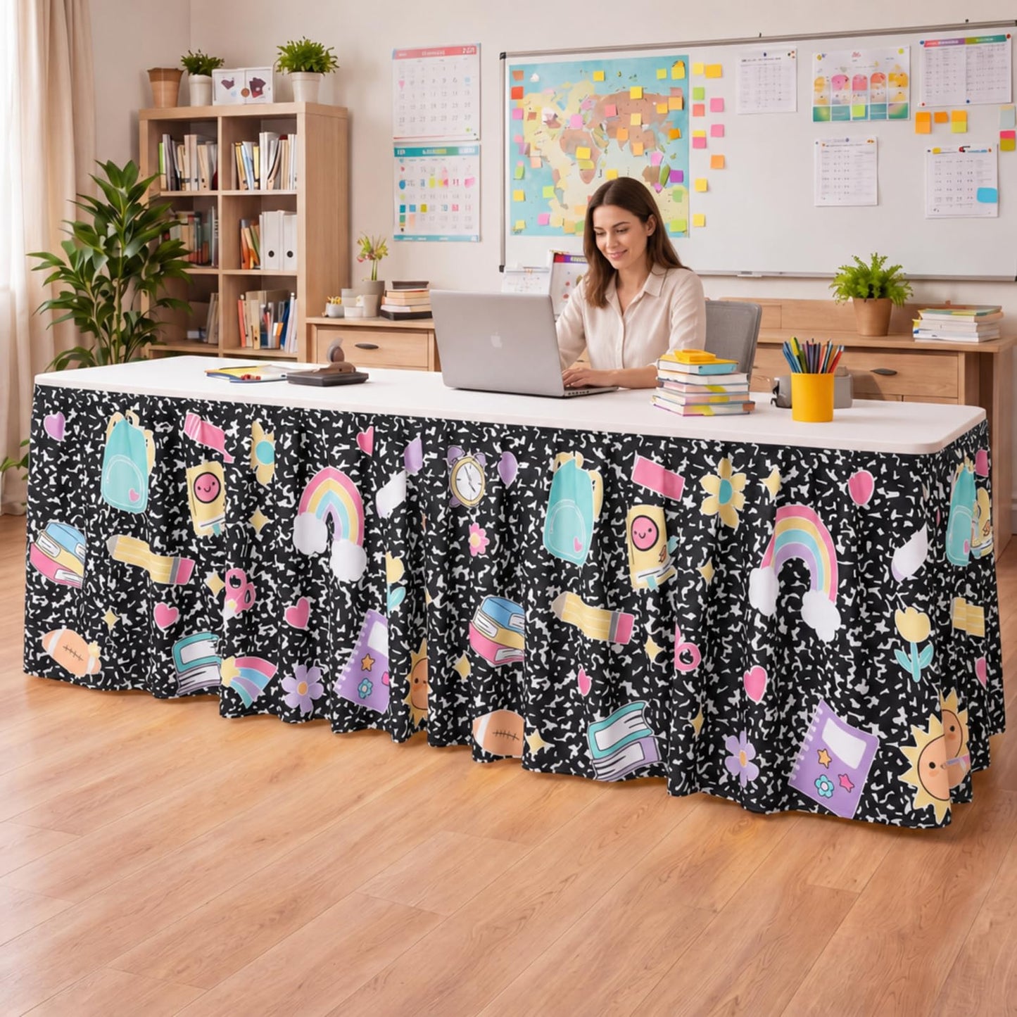 Hahafelt 14FT Teacher Desk Skirt for Back to School Decorations Composition Notebook Classroom Decor Ruffle Table Cover Skirt for Rectangle Round Kidney Desk First Day School Kindergarten Decorations