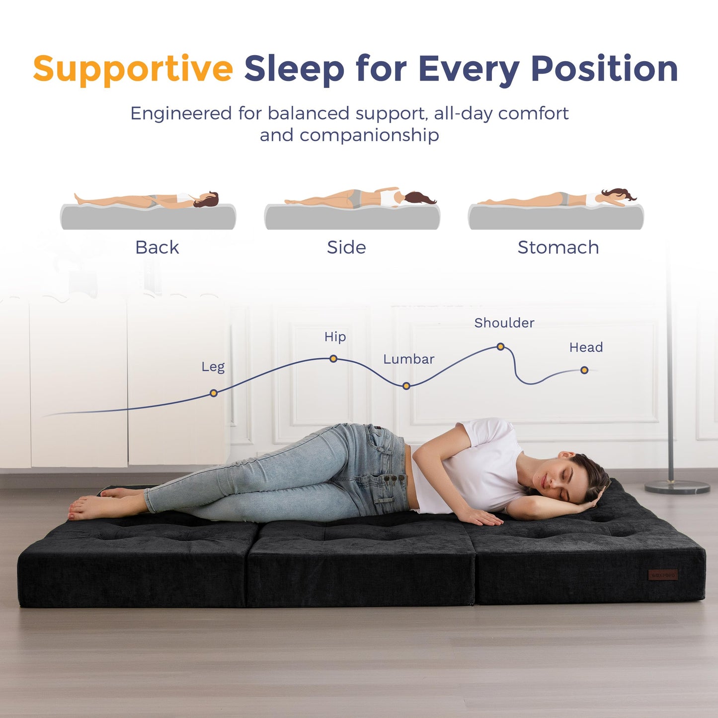 MAXYOYO 6" Folding Sofa Bed for Floor, Tufted Tri-Fold Floor Mattress with Chenille Fabric, Queen Size Portable Sofa Couch Guest Mat for Adults, Foldable Topper for Camping, Black, 59"x78.7"