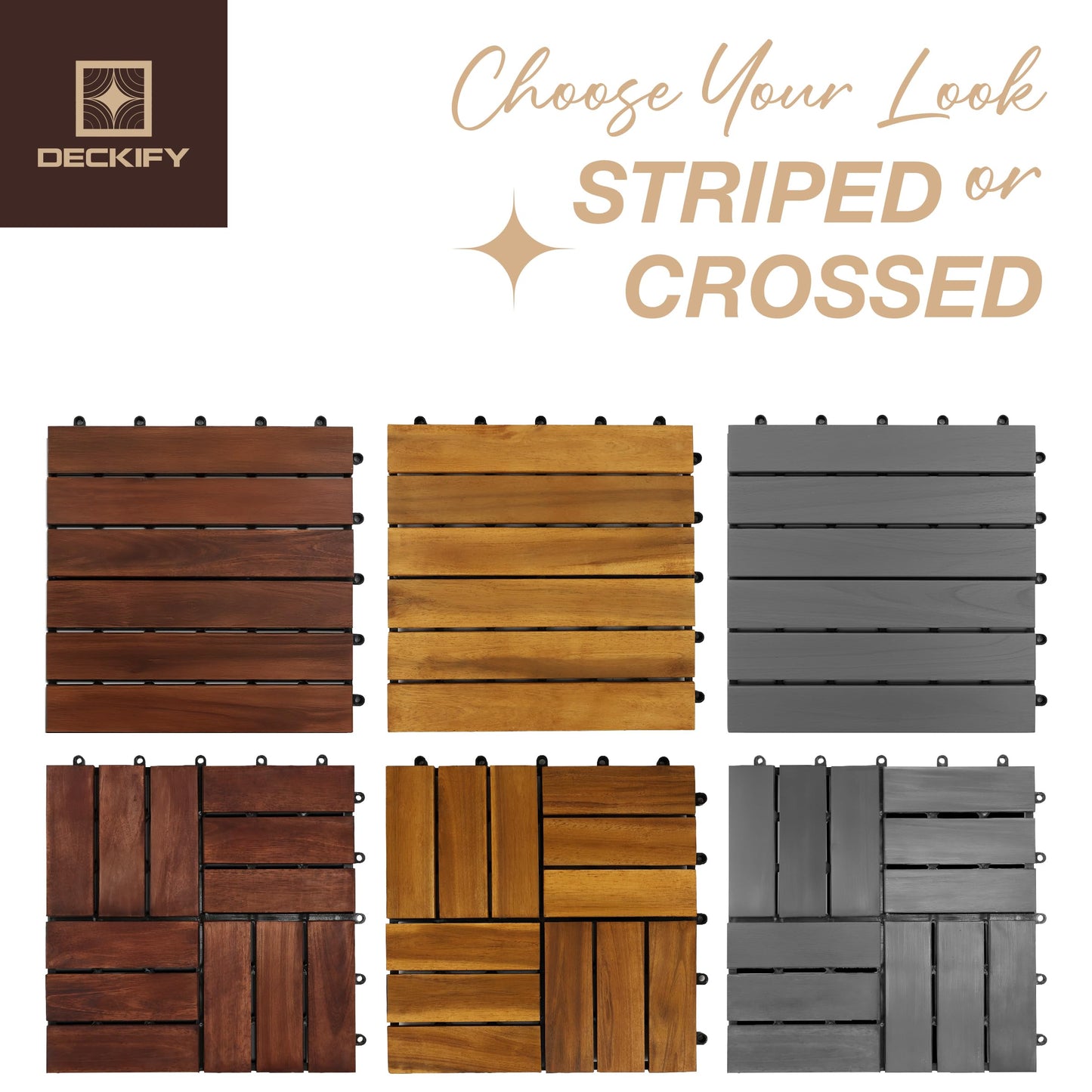 DECKIFY 9Pcs Premium Acacia Wood Interlocking Patio Deck Tiles, 12 x 12 x 0.9 Inch Outdoor Flooring, Waterproof for All-Weather Use – Crossed, Gray