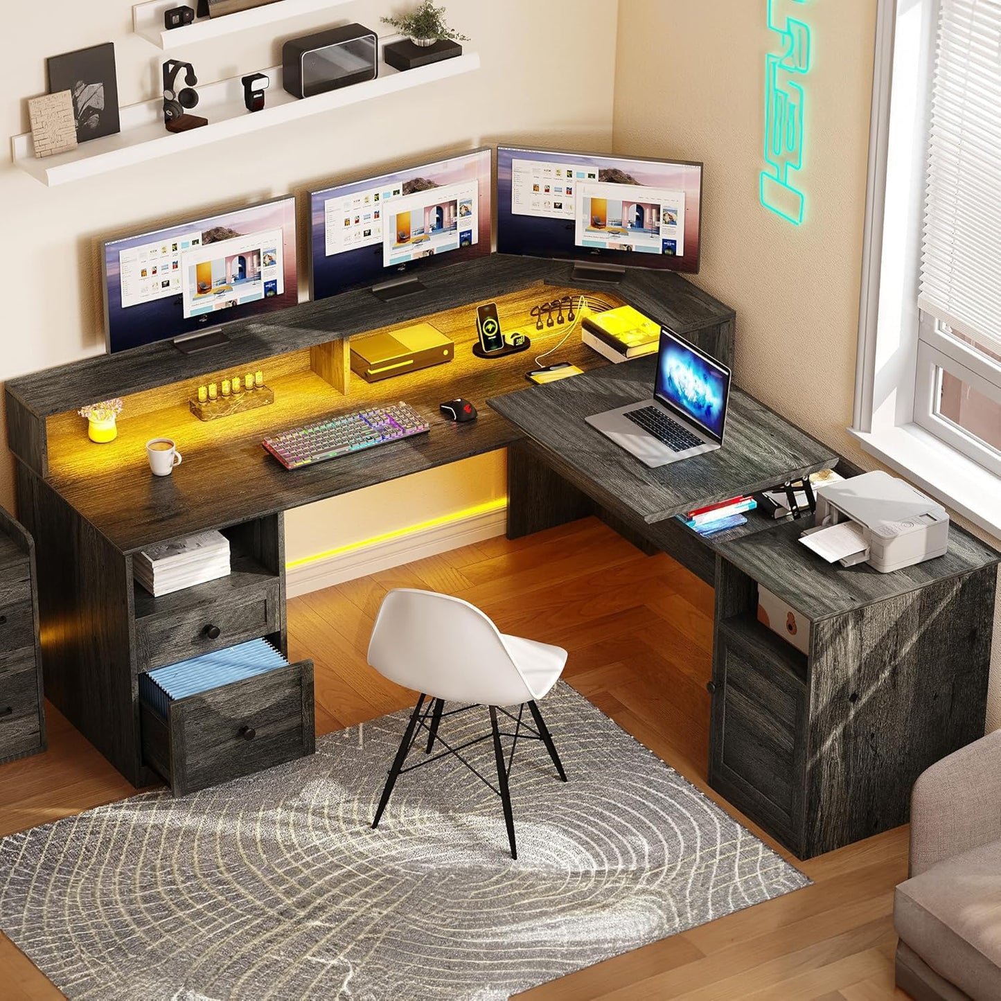 YITAHOME L Shaped Desk with Power Outlets & LED Lights, 60" Corner Computer Desk with Drawers & Lift Top, Home Office Desk with Monitor Stand & File Cabinet, Wood Height Adjustable Desk, Grey
