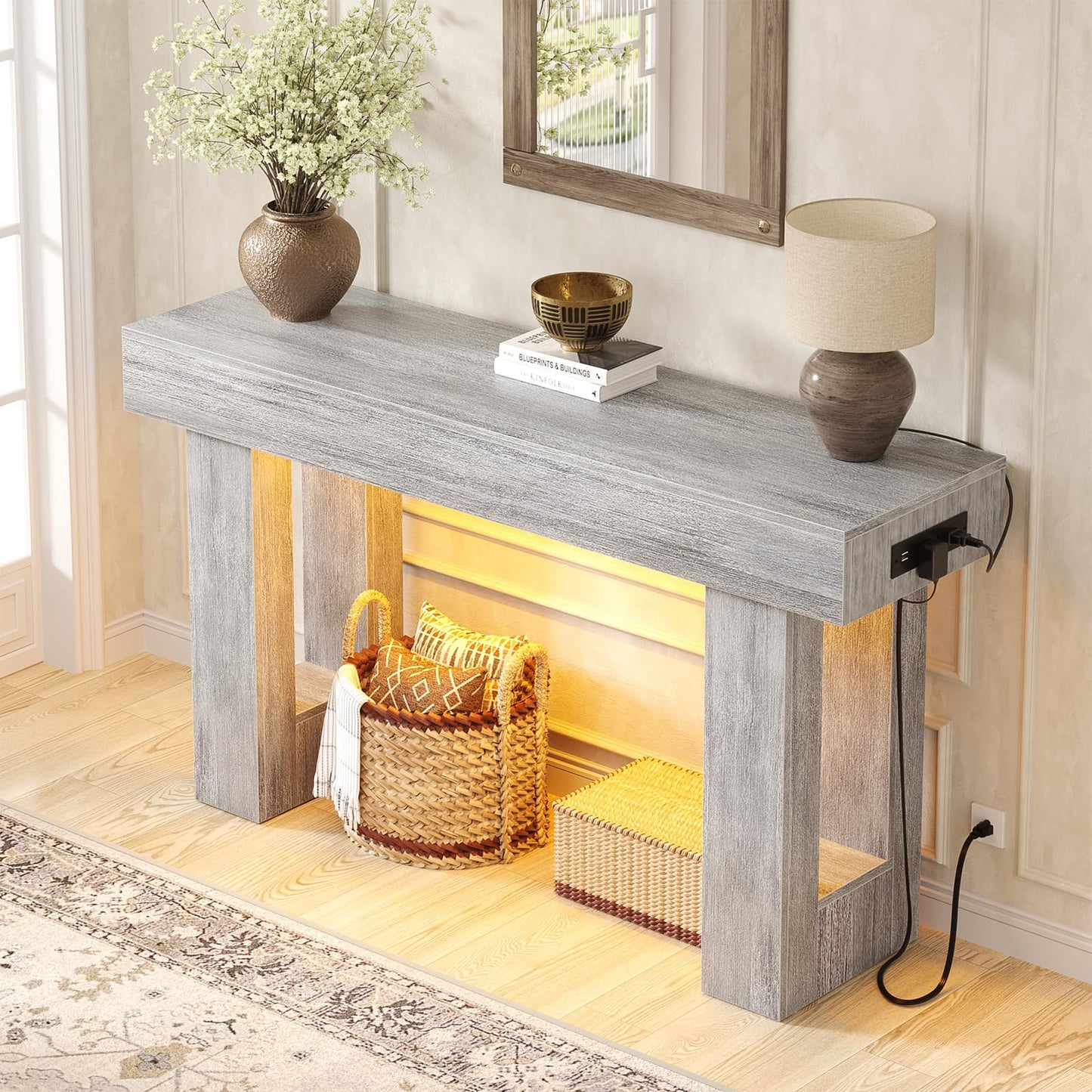 Unikito 47" Entryway Table with Socket and Sensor Light, Narrow Console Table with Storage Behind Couch, Farmhouse Entry Way Tables with Open Storage for Entrance/Hallway/Living Room, White Oak