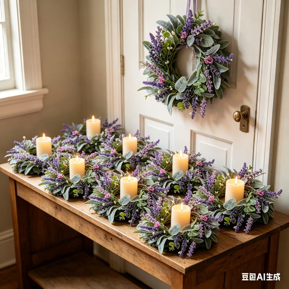 8 pcs Mini Lavender Candle Rings Wreaths Purple Daisy Pillar Holder Wreath Artificial Wild Flower Spring Summer Floral Wreath for Farmhouse Porch Cabinets Table Decoration