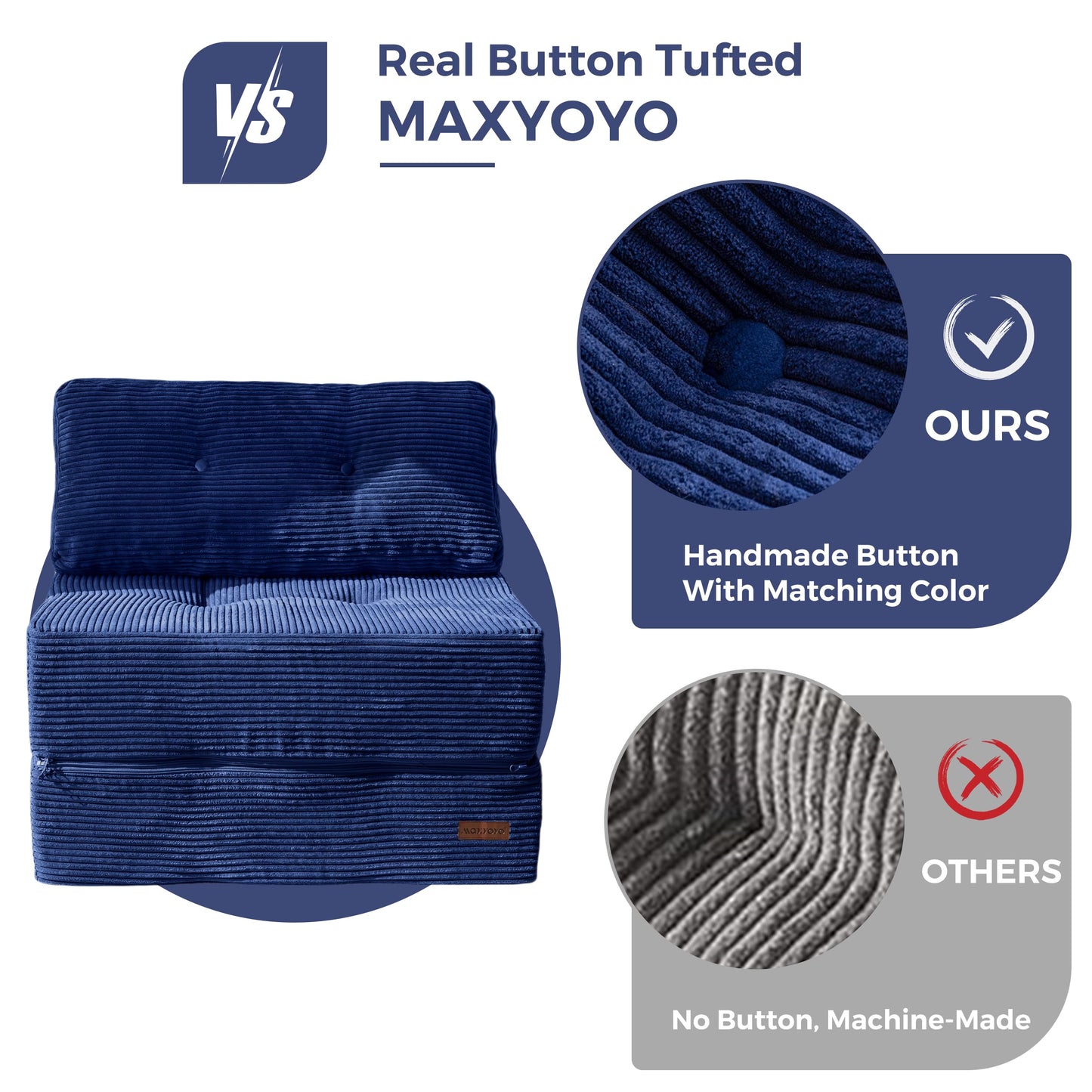 MAXYOYO Folding Sofa Bed, Convertible Chair Bed with High-Density Support Foam, Portable 4 in 1 Fold Out Seating to Floor Lounger, Versatile Floor Sofa Couch for Living Room Bedroom, Navy