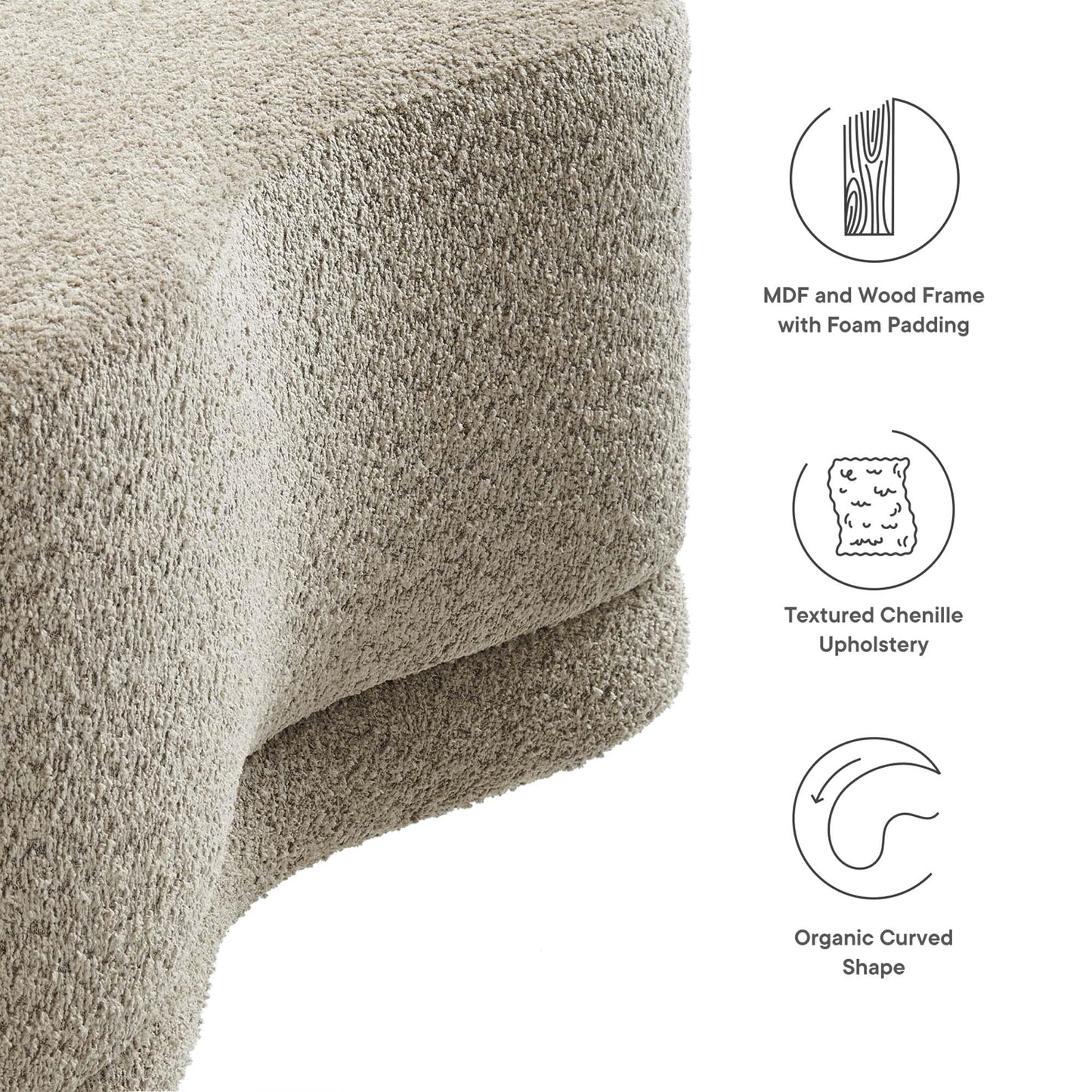 Modway Nimbus 48 Inch Curved Ottoman Bench in Oat - Soft Fabric Chenille Ottoman - Versatile Bedroom Bench - Bouclé Footstool - Upholstered Coffee Table - Bedroom and Living Room Furniture