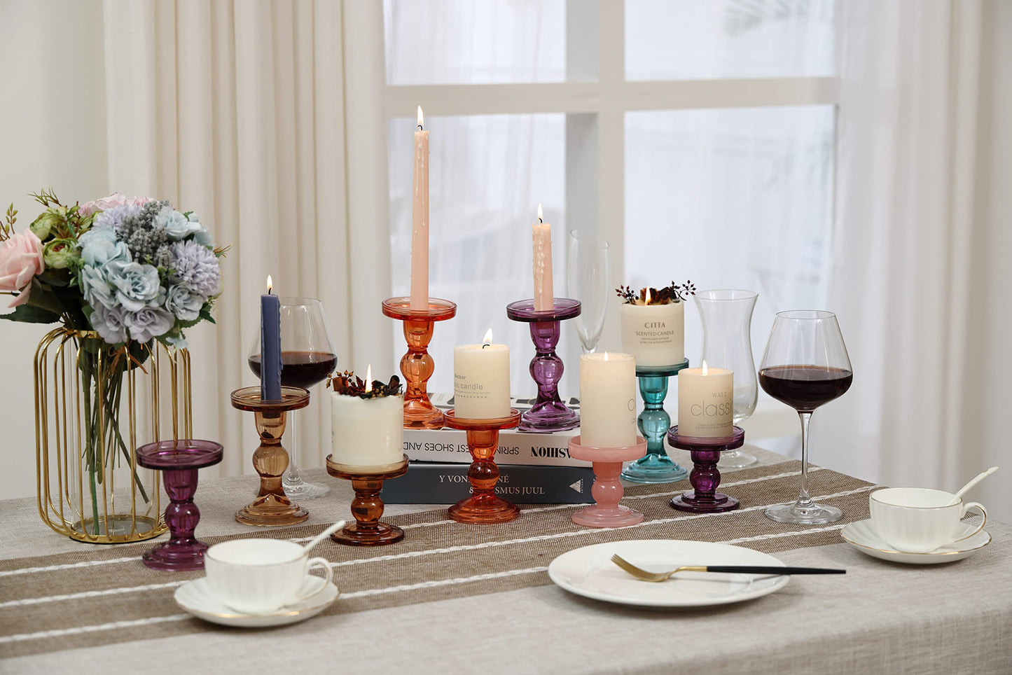 GMWD 3 Pcs Glass Candle Holder Set Clear, Amber Candlesticks Holders Pillar Taper Candles Tealight Stand for Wedding Centerpieces Home Decorations Dining Table