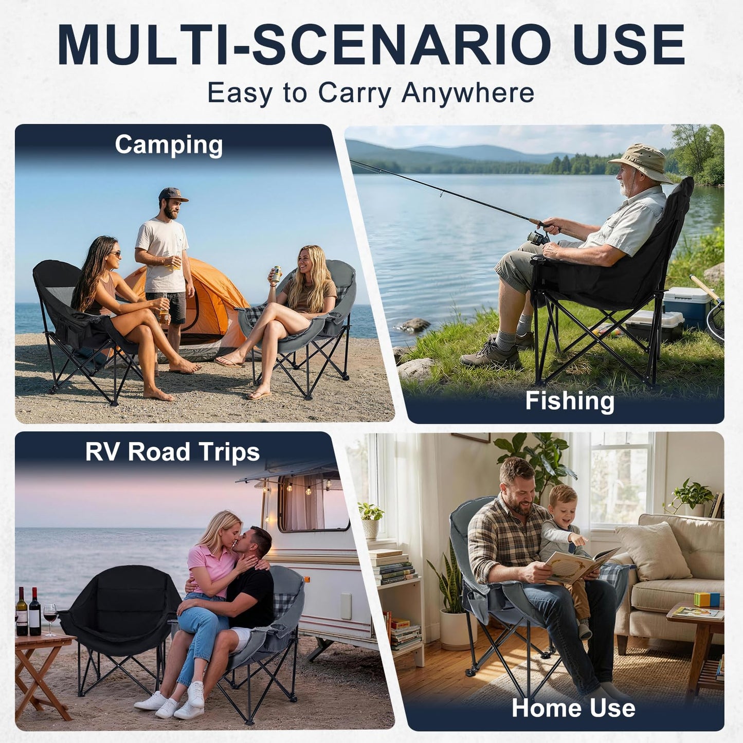 Oversized Camping Chairs for Adult - Heavy Duty Padded Portable Folding Chair XL Collapsible Camp Chair with Cup Holder Side Pocket for Outdoor Lawn Beach Sport Fishing Support 500LBS, Plaid 2 Pack