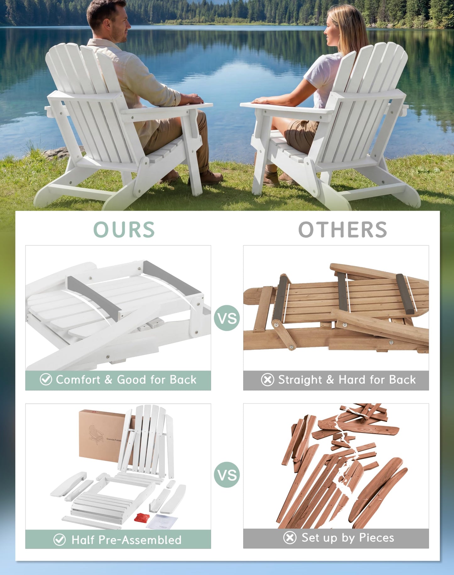 Wood-Natrl Oversized Wooden Folding Adirondack Chair with Pre-Assembled Backrest and Seat Board, Lounge Chair for Outdoor Patio Garden Lawn Backyard Firepit Deck Pool Beach