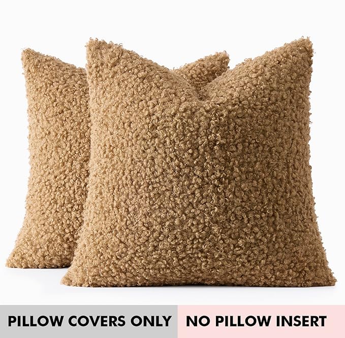 Faux Fur Throw Pillow Covers 20x20 Inch Set of 2 Boucle Neutral Decorative