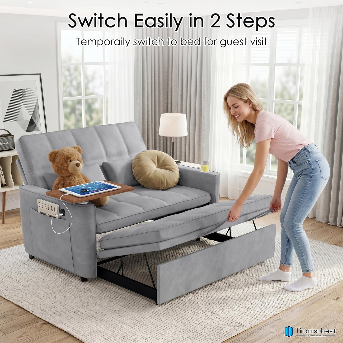 tiramisubest 54'' Sleeper Sofa Bed, Convertible Pull Out Couch Futon for for Living Room,Apartment (Midgrey) Side Desk, USB Ports, Cup Hold, Velvet Fabric, Adjustable Backrest, Easy Assembly