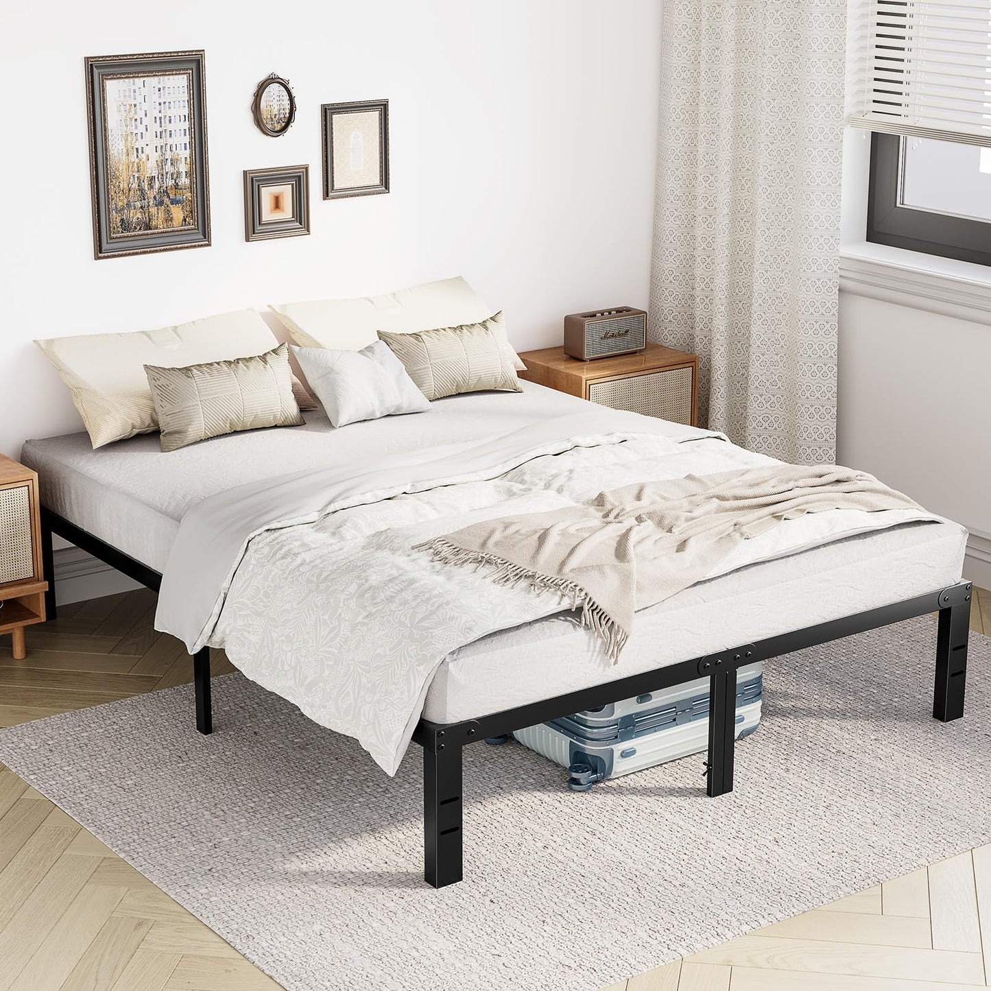 Sweetcrispy Bed Frame King - Heavy Duty No Box Spring Needed Metal Platform Bedroom Frames with Storage Space, 14 Inches High, Sturdy Steel Slat Support, Black
