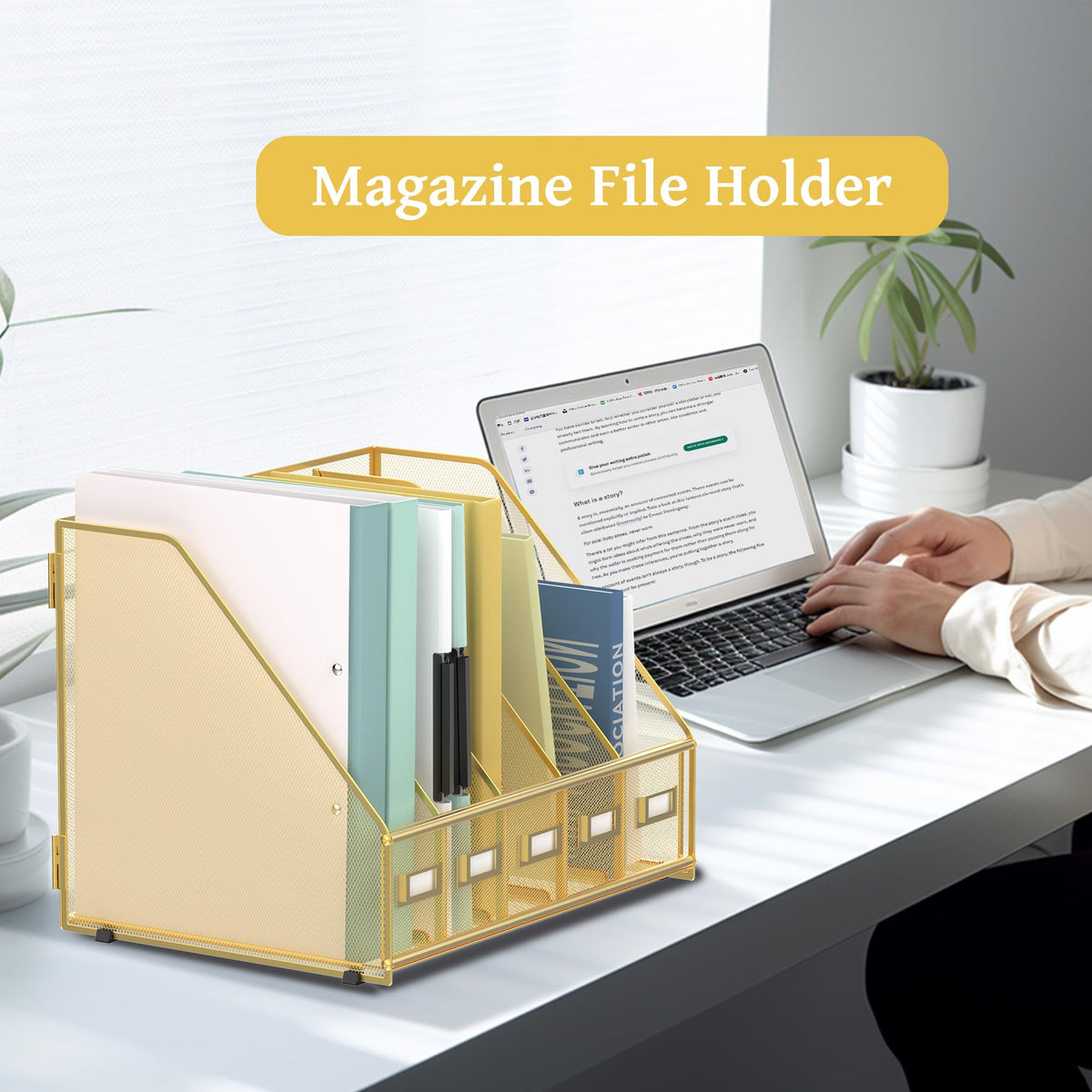 SUPEASY Desk Organizers Metal Desk Magazine File Holder with 5 Vertical Compartments Rack File Organizer for Office Desktop, Classroom, Home Workspace, Gold