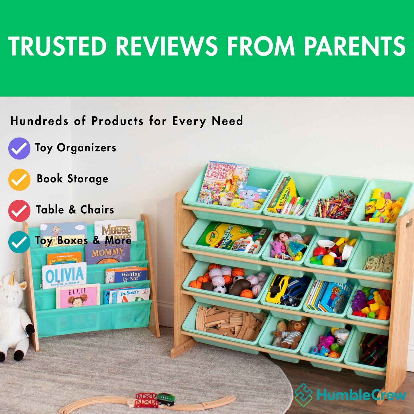 Humble Crew Kids Bookshelf, 4-Tier Front-Facing Book Display Organizer, Montessori Toddler Bookcase for Playroom, Bedroom & Reading Corner, Natural Wood/Seafoam Green