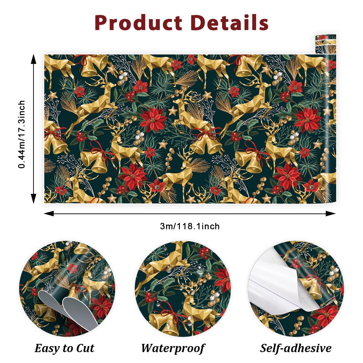TOARTi Gold Elk Christmas Peel and Stick Wallpaper Dark Green Christmas Reindeer Contact Paper for Cabinets Drawer Xmas Self Adhesive Wallpaper for Winter Holiday Party Xmas Contact Paper