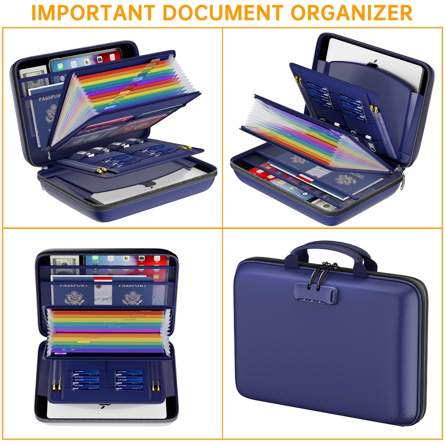 DocSafe Fireproof File Organizer with Lock, Hard-Shell Case Fireproof Document Box with 13 Pocket Accordion File Folder, Portable Home Office Travel Safe Storage for Important Documents Laptop Blue