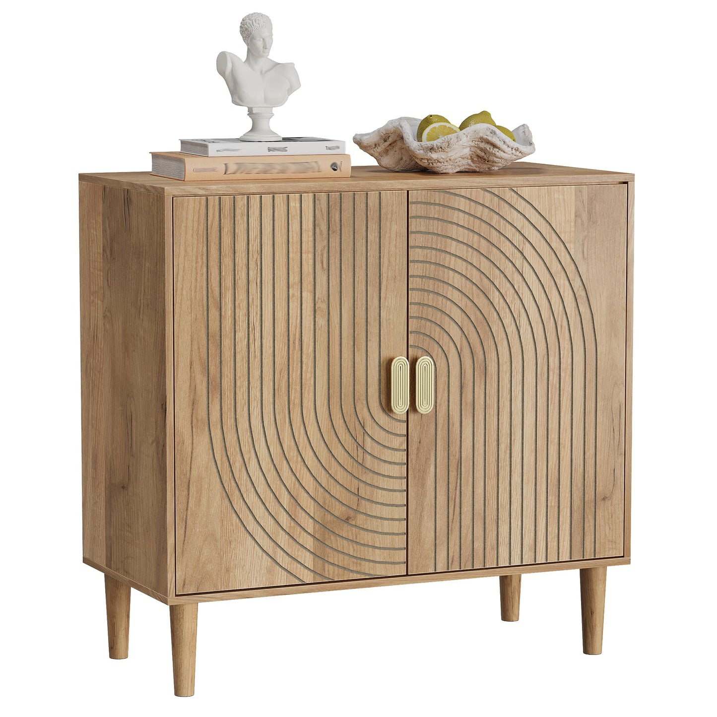 Smuxee Oak Sideboard Cabinet, Freestanding Buffet Cabinet with Line Groove Design, Wood Storage Cabinet with Adjustable Shelf for Living Room, Entryway, Hallway