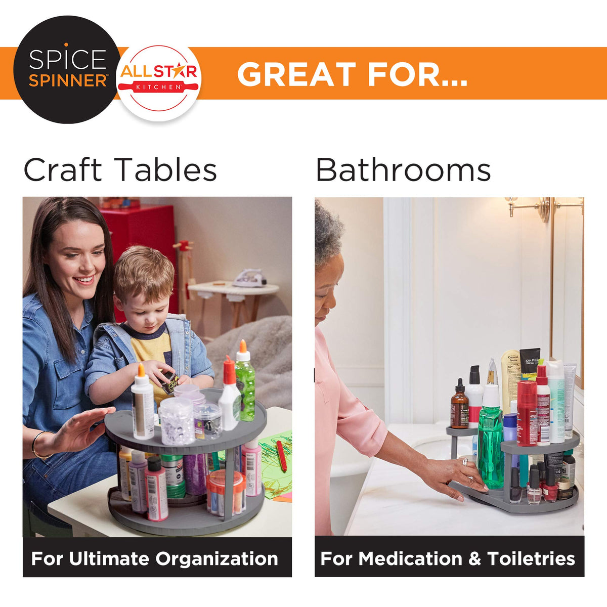 Allstar Innovations Spice Spinner Two-Tiered Spice Organizer & Holder That Saves Space, Keeps Everything Neat, Organized & Within Reach With Dual Spin Turntables- Grey