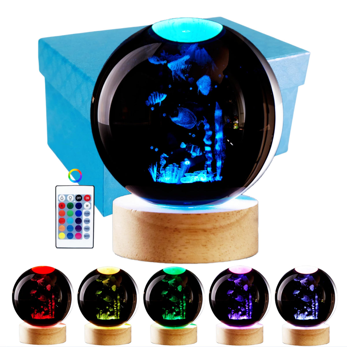 Conalisk 3D Underwater World Crystal Ball Lamp,Lifelike LED Fish Crystal Night Light,16 Colors Changing Light,Dimmable Remote Control,Desk Ocean Lamp (N)