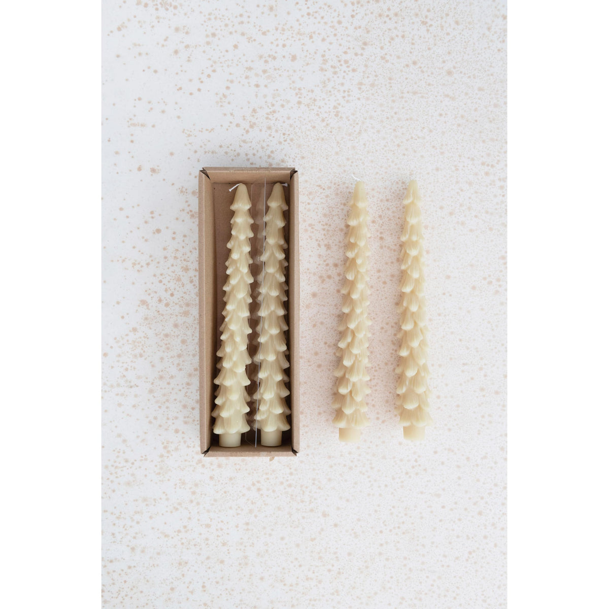 Creative Co-Op Unscented Tree Shaped Taper Candles, Eggnog Beige, Boxed Set Of 2