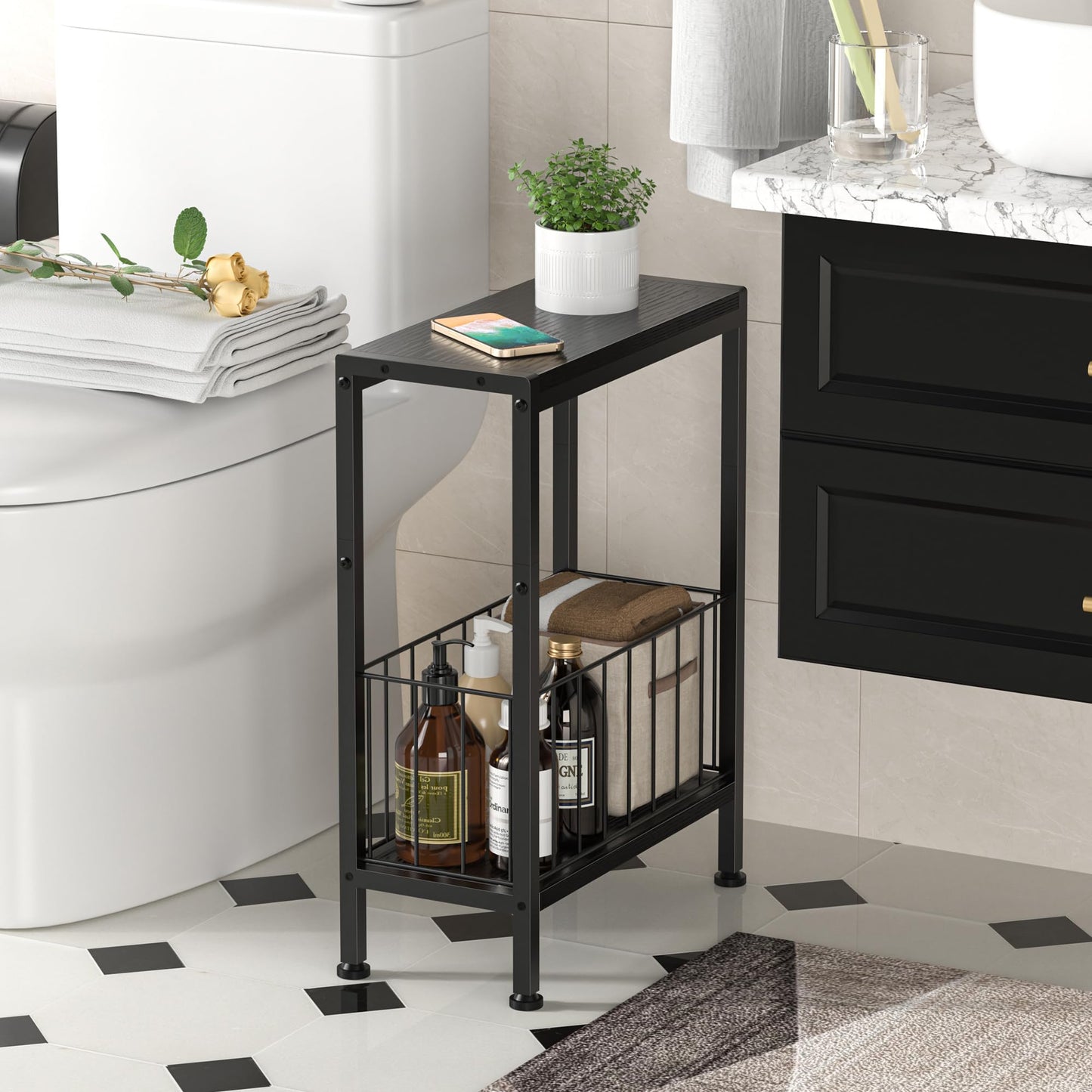 Lifenite Narrow Side Table, Skinny End Tables with Magazine Holder, Small Sofa Table for Small Spaces, Space-Saving Design, Slim Nightstand Bedside Table for Living Room, Bedroom, Office, Black