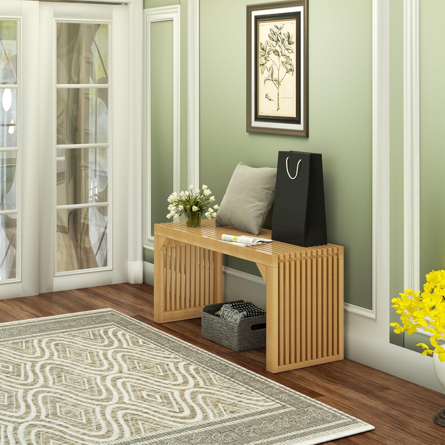 MODCART 35" Solid Wood Bench, Nature Entryway Bench with Storage for Entryway, Living Room, Kitchen