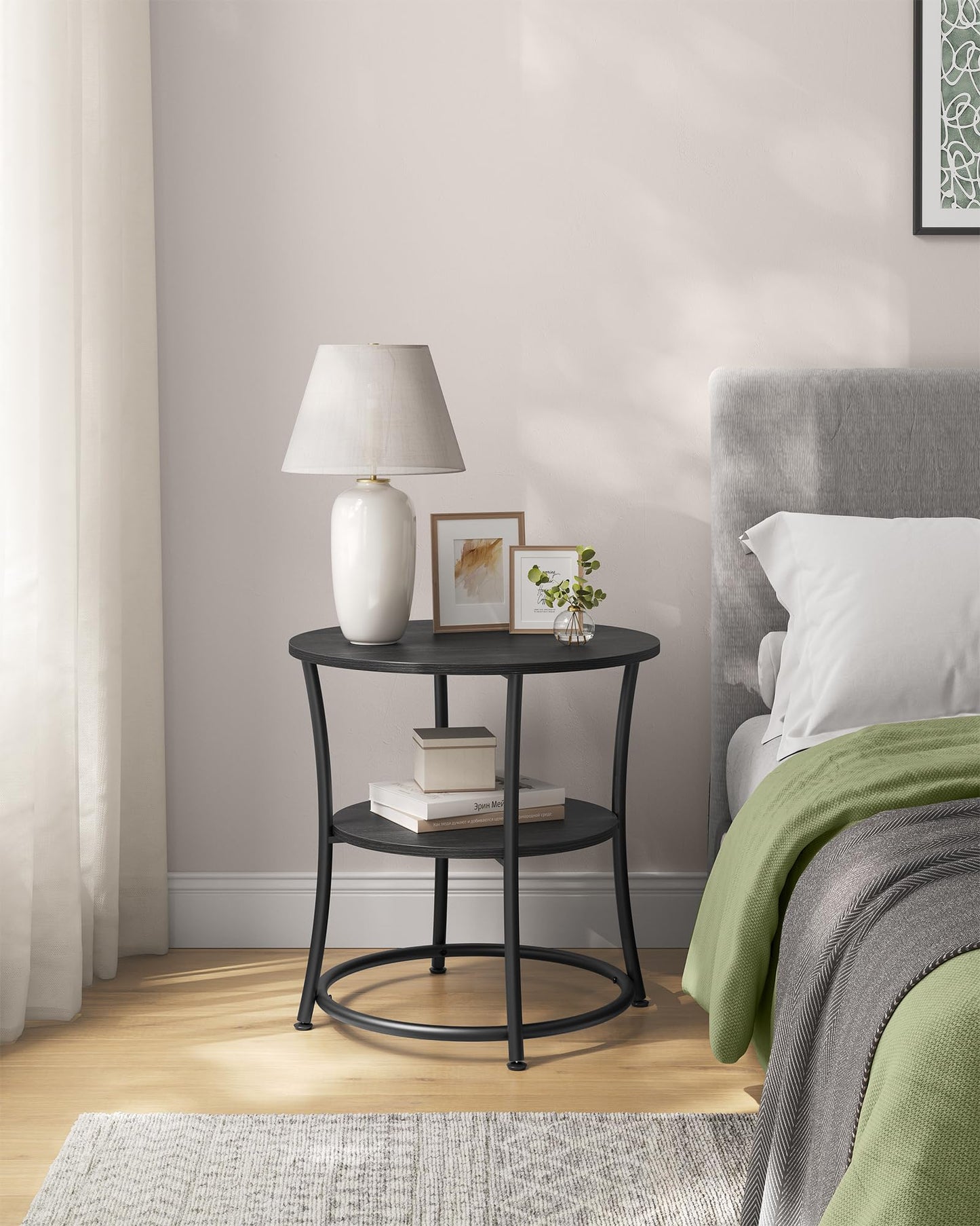 VASAGLE 21.7-Inch Round Side Table, 2-Tier End Table, Nightstand with Steel Frame, Spacious Top, for Small Spaces, Living Room, Bedroom, Charcoal Gray and Ink Black ULET056B22