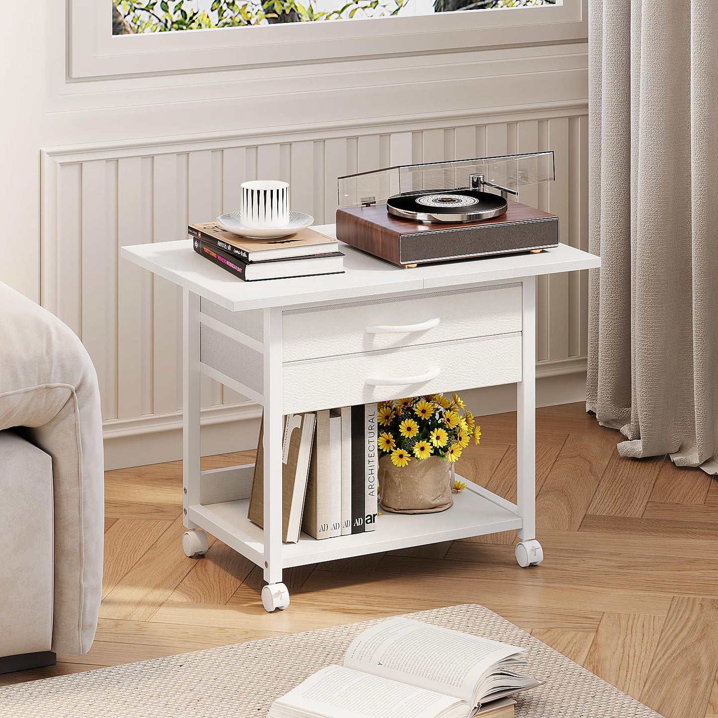 VENNQD Large Printer Stand with Storage Fabric Drawer Under Desk Printer Table with Wheels for Home Office, Printer Cart fit Fax Machine Scanner 23.4"x15.7" (White, 2 Tiers)