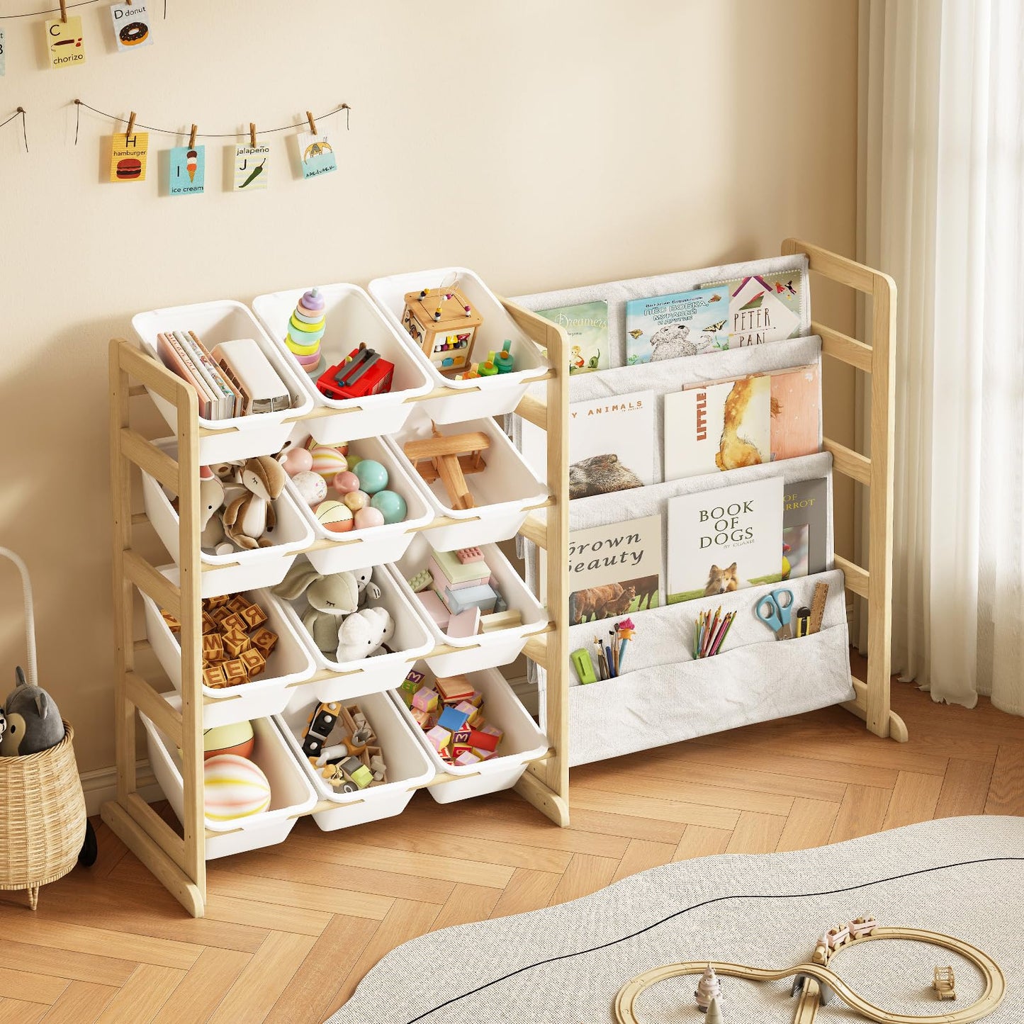 EXPERLAM Toy Storage Organizer with Bookshelf, Kids Toy Organizer and Storage Shelf with 12 White Bins, Solid Pine Wood Book Rack for Playroom, Nursery, Kids Room, Toys and Books