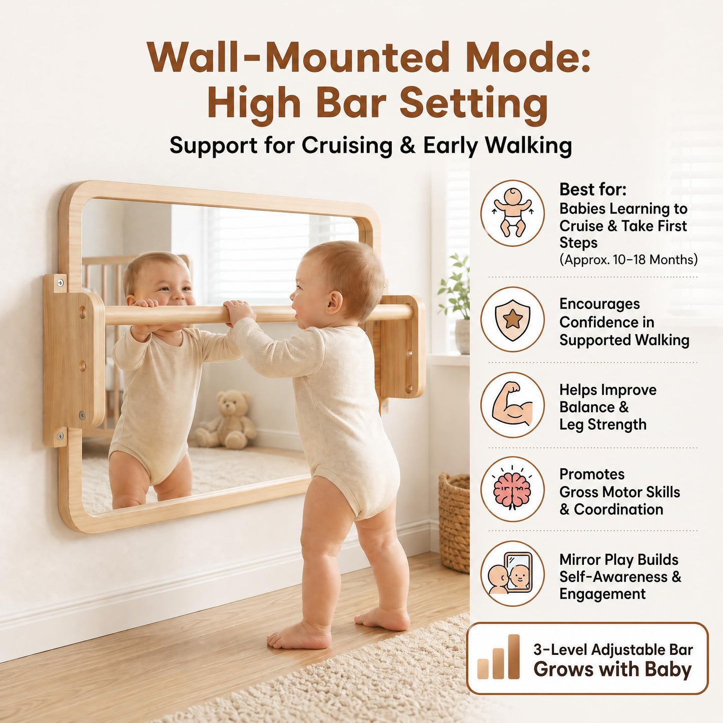 Woodtoe 3-in-1 Montessori Mirror with Bar, Adjustable Toddler Mirror & Pull Up Bar, Montessori Learning Toy for Baby 6-18 Months, Nursery Mirrors, Natural Wood Furniture for Daycare, Kids Classroom