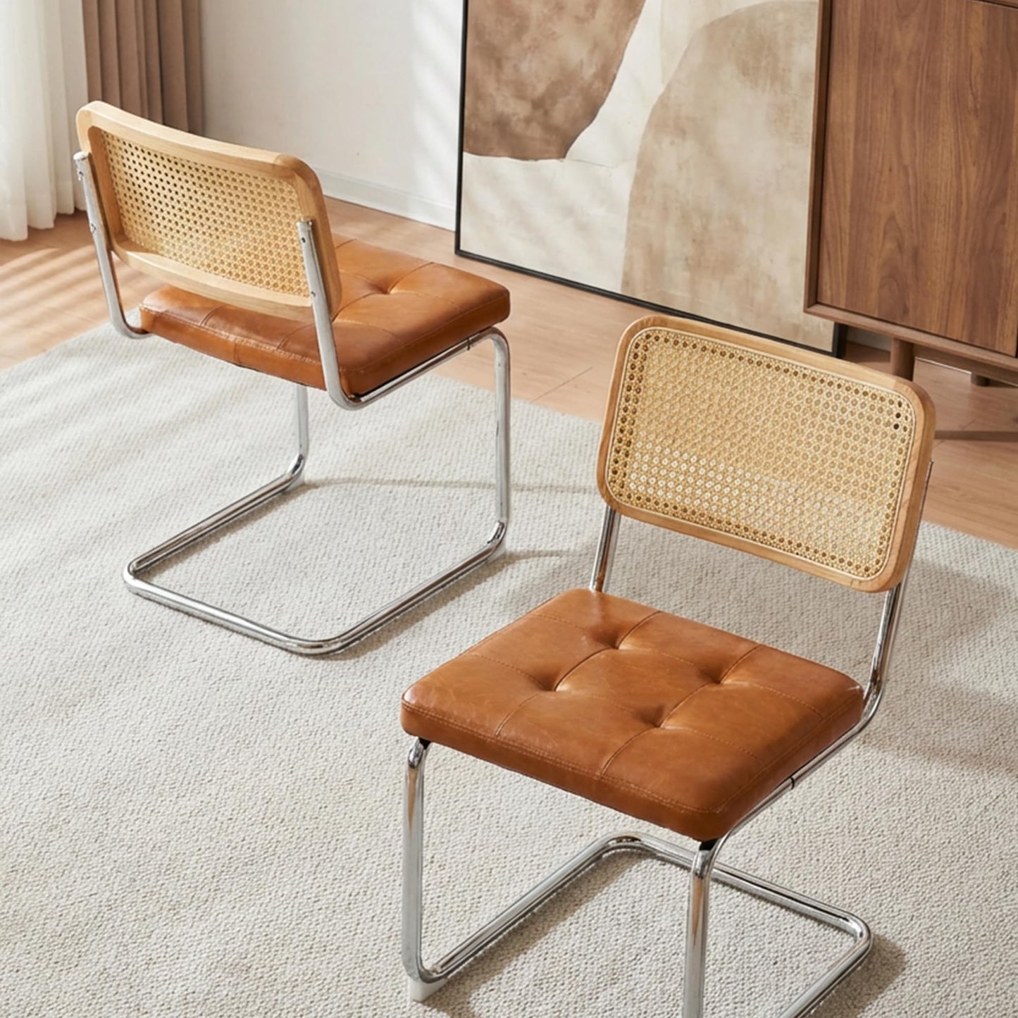 Niusonlan Rattan Cantilever Dining Chair, Single Modern Armless Chair with Chrome Steel Frame, PU Leather Seat and Rattan Backrest, 17.7" Seat Height Kitchen & Dining Room Chair (Brown, Set of 2)