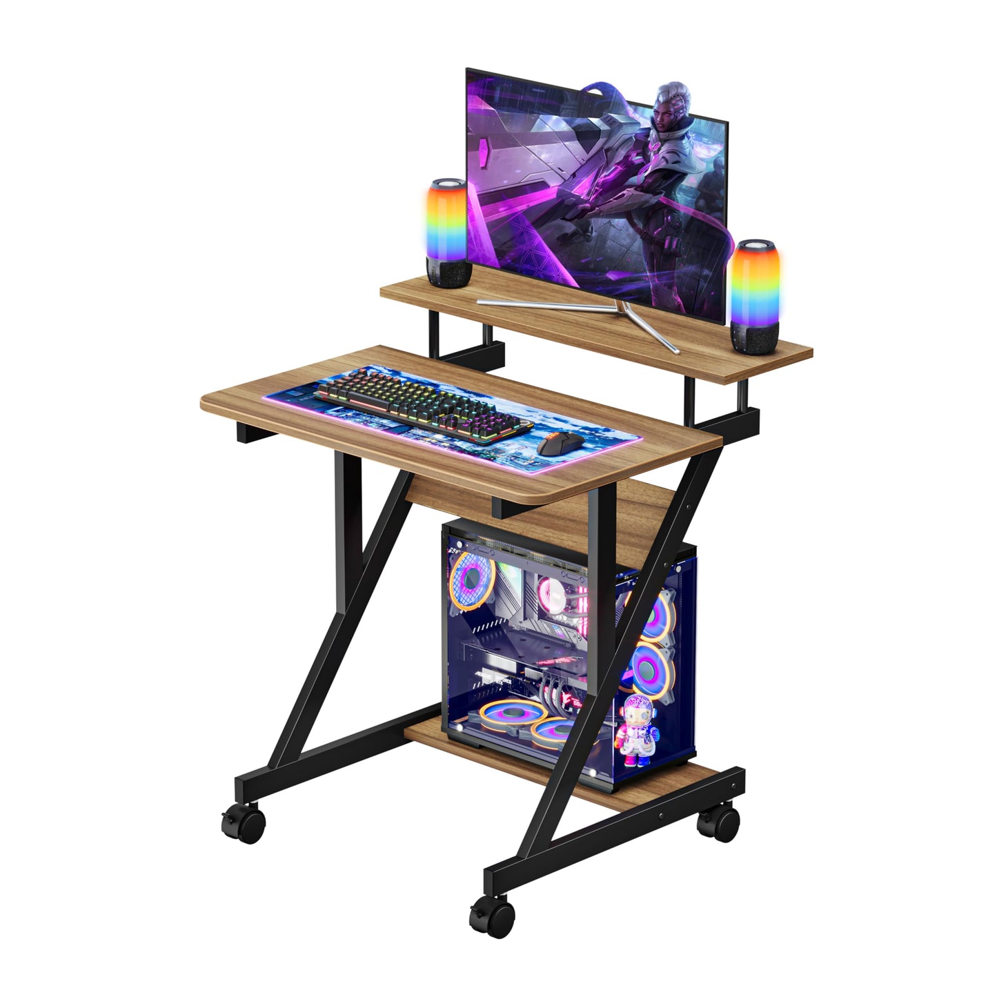 Dripex Computer Desk for Small Spaces, Z Shaped Small Computer Desk, 27.5 inch Compact Desk with Monitor Shelf and Bottom Storage Shelves, Space Saving Desk, Walnut